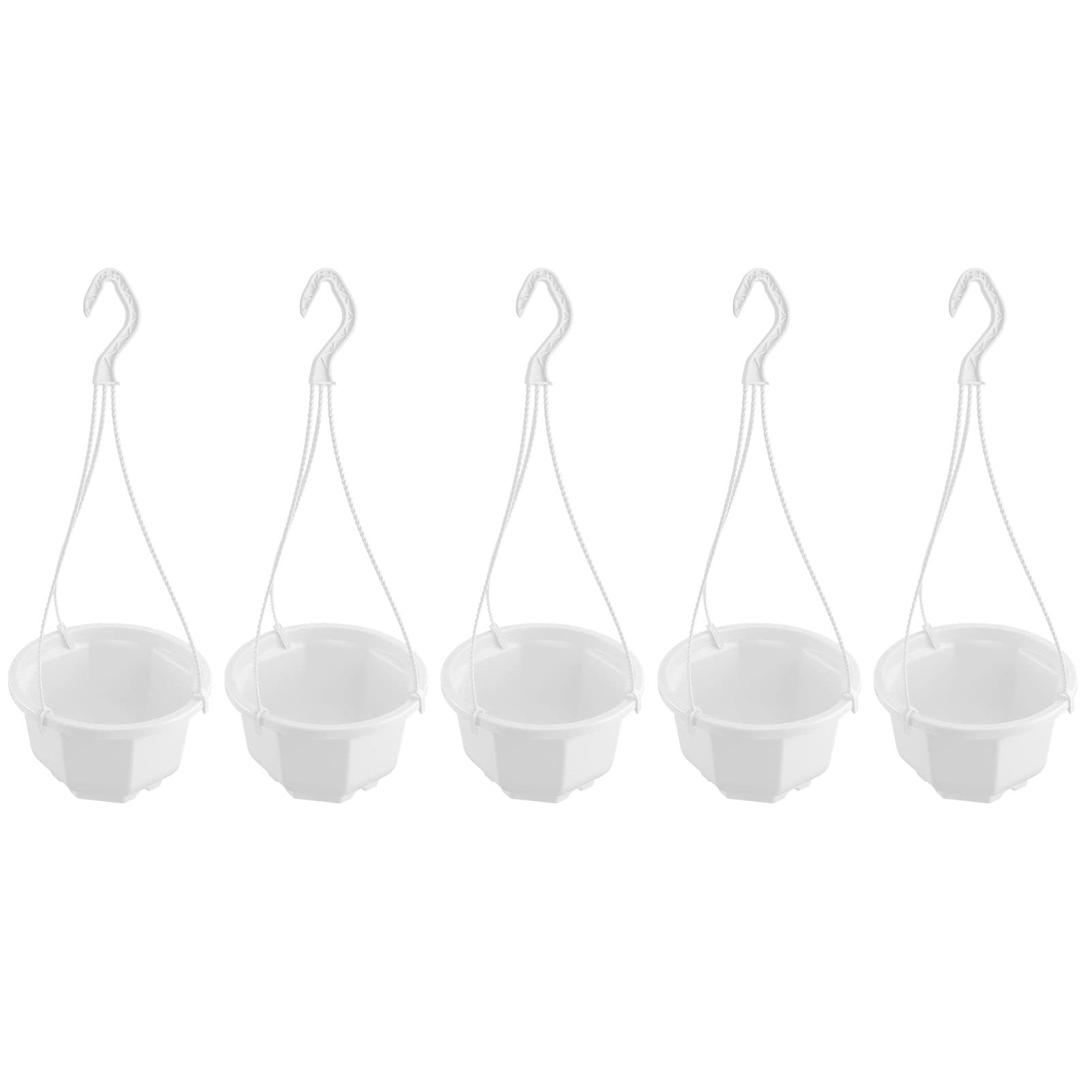 5-Piece Octagonal Plastic Hanging Flower Pots - Wall Mounted Planters for Indoor/Outdoor Decor, Air Purifying, Railing & Garden Use - White Chic Suspended Flower Vase Set (Home, Patio, Balcony Decor)
