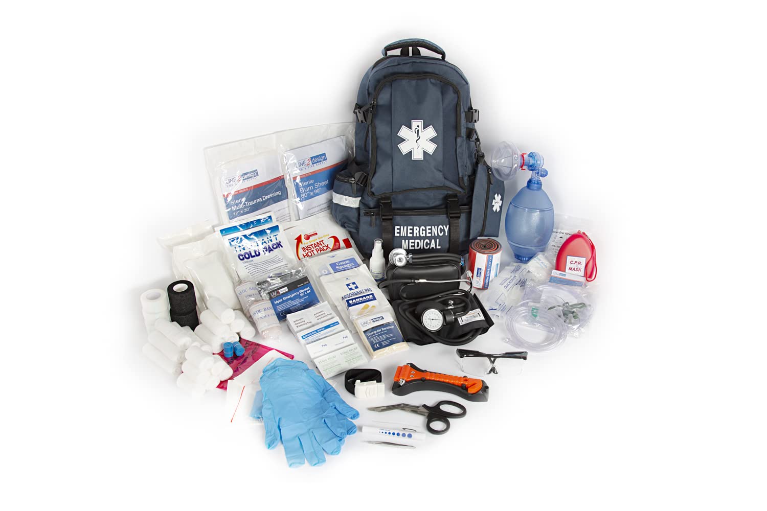LINE2design Tactical First Aid Bag Kit - Fully Stocked EMT Emergency Medical Backpack with Trauma Supplies for First Responders, Paramedics & EMS - Navy Blue | Perfect for Outdoor Adventures, Camping & Emergency Preparedness