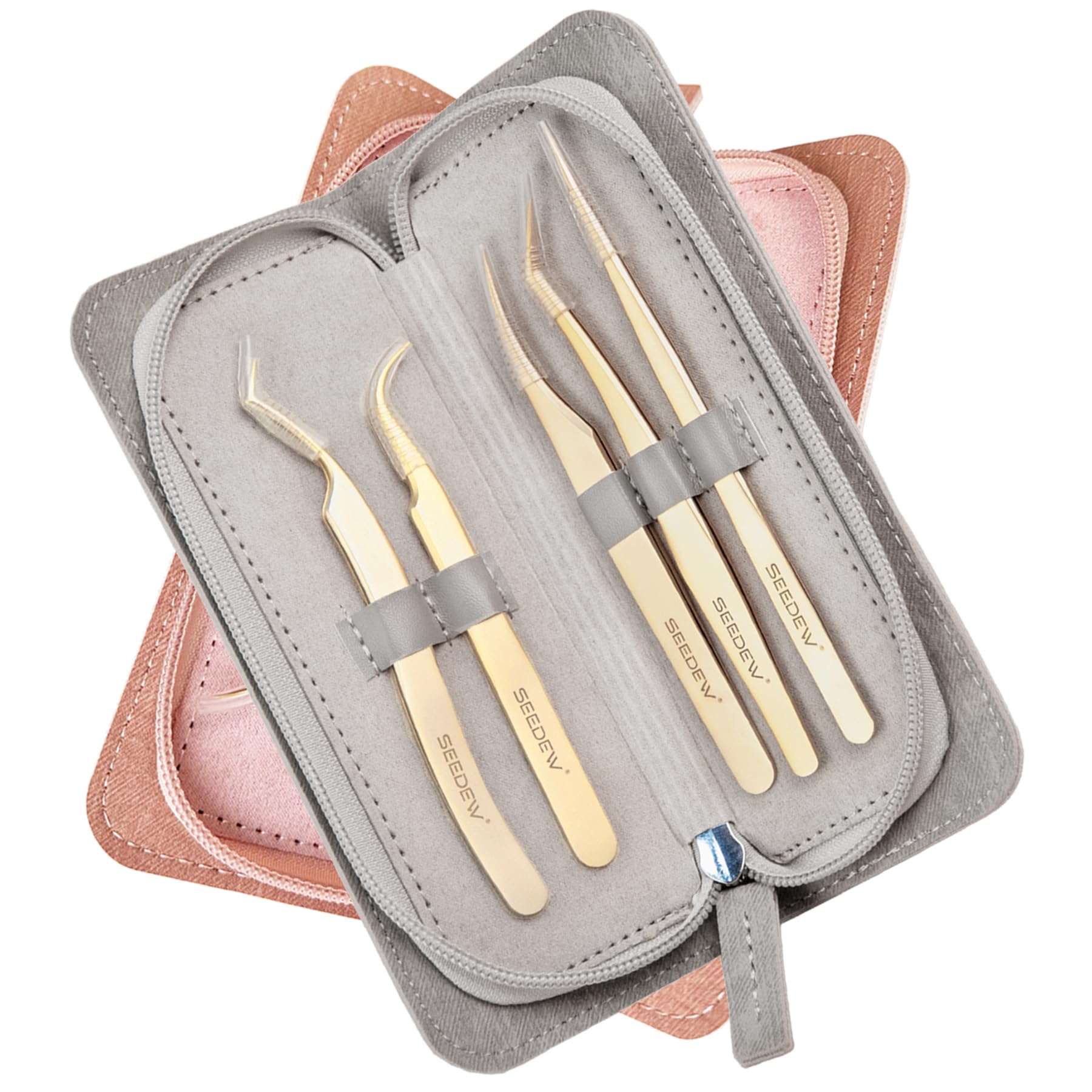 Professional 5-Piece Stainless Steel Eyelash Extension Tweezers Set with Storage Bag - Golden Isolation Pointy Tweezers for Lash Techs, Beginners & Salon Use - Precision Eyelash & Nail Repair Tools (Gray) - Perfect for Eyelash Extensions, DIY Beauty & Professional Salon Applications