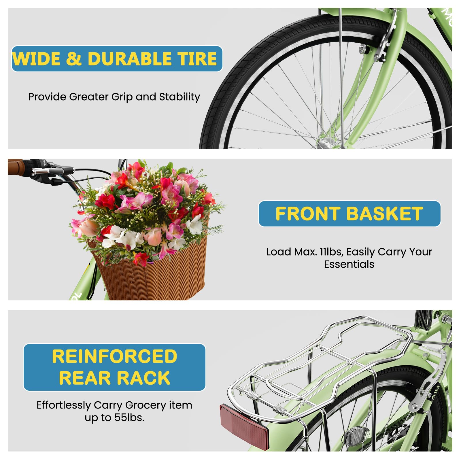 NAIZEA 7-Speed Women's Beach Cruiser Bike - 24 & 26 Inch Step-Through City Bicycle with Rattan Basket & Rear Rack - Comfortable Commuter Bike for Adult Women - Perfect for Beach Rides, City Commuting & Leisure Cycling