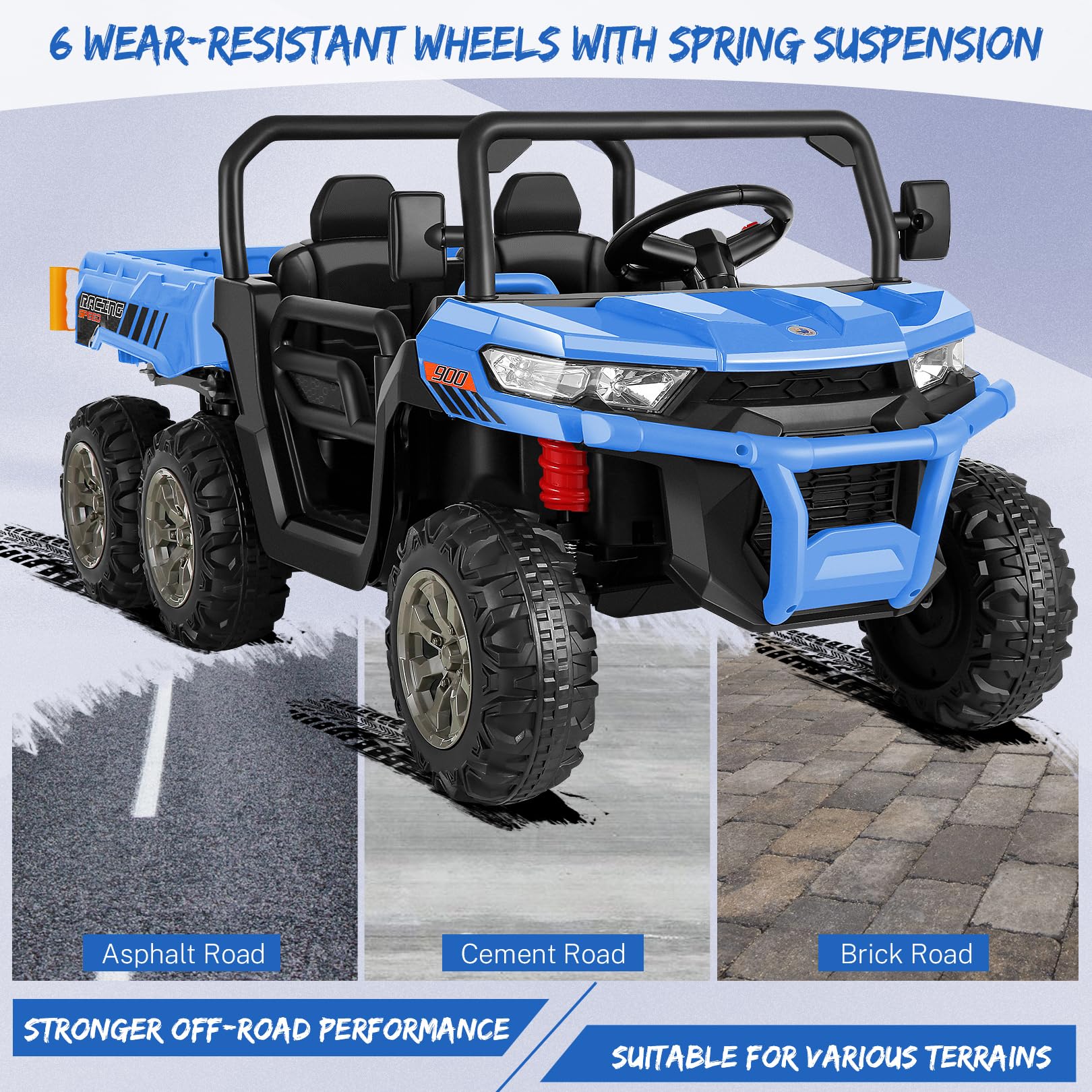 Hikole 24V Kids Ride On Dump Truck - 6-Wheel 2-Seater Electric UTV with Parent Remote Control, LED Lights & Music | 3-Speed Adjustable, Spring Suspension | 24 Volt Battery-Powered Ride-On Toy for Boys & Girls Ages 3-8 | Outdoor Play, Backyard Fun, Birthday Gift Idea (Blue)