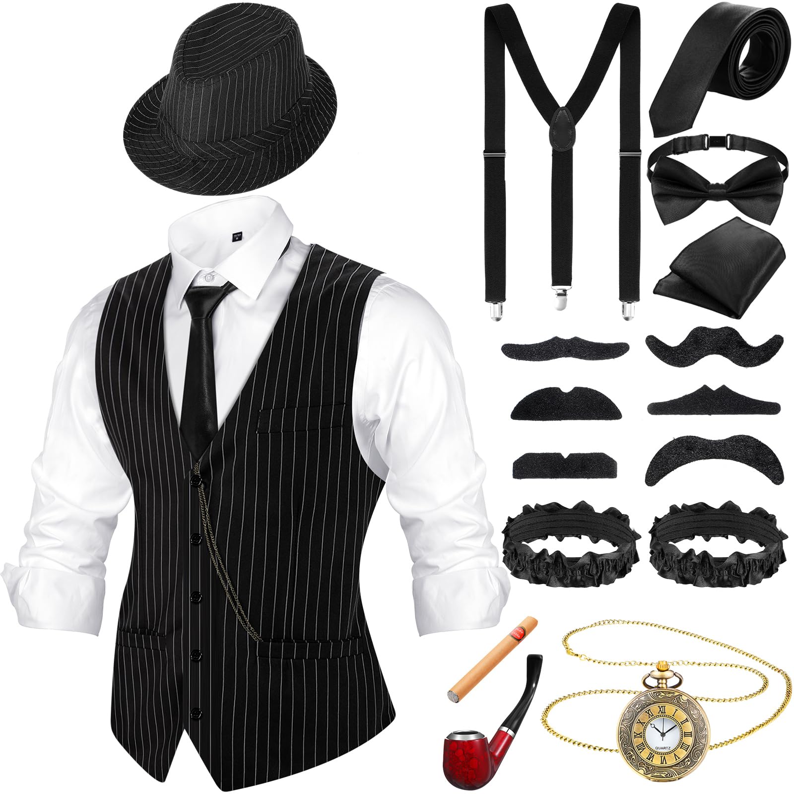 Vintage 1920s Gangster Costume Set for Men - Fedora Hat, Vest, Suspenders, Bow Tie & Pocket Watch - Perfect for Halloween, Themed Parties & Cosplay