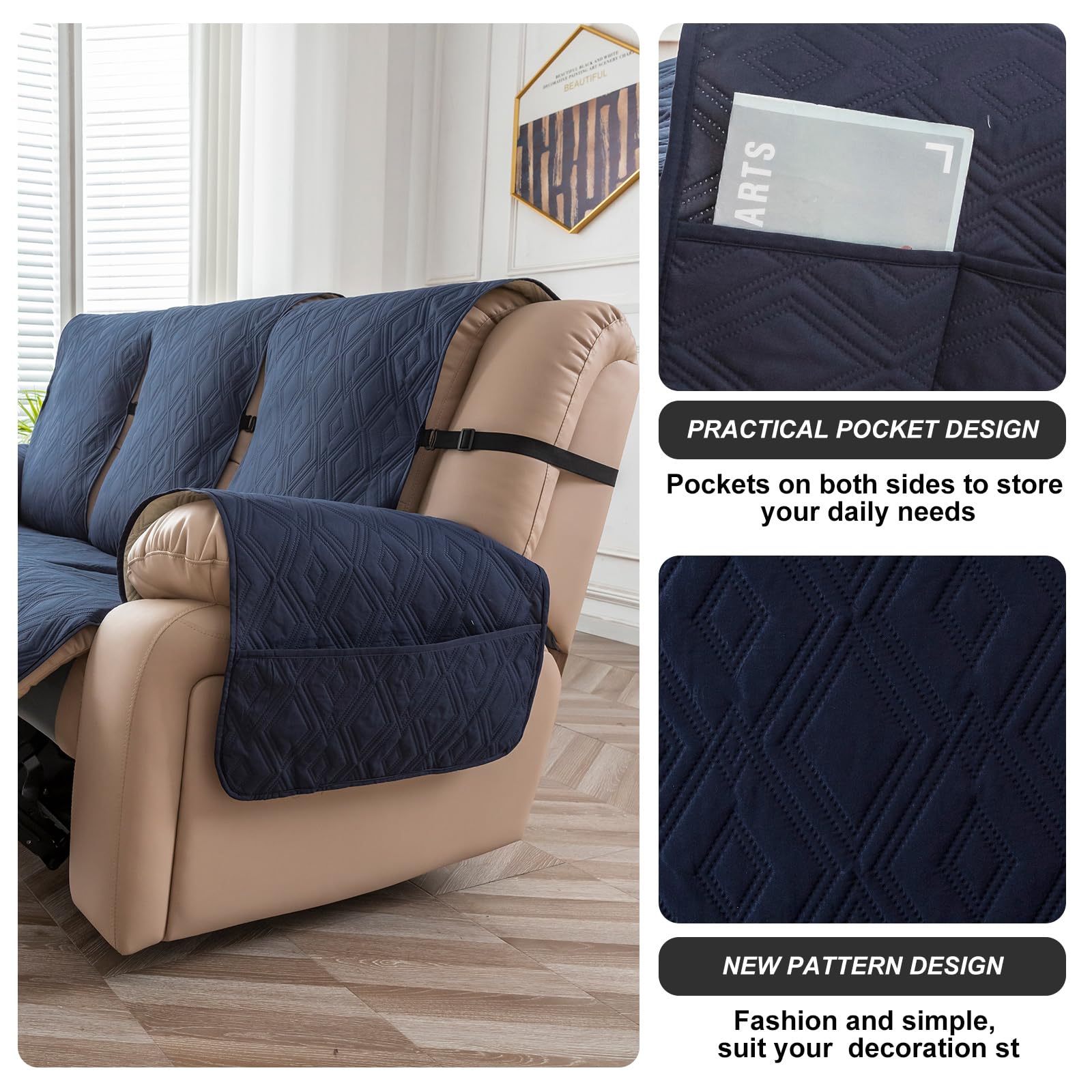 Waterproof Reclining Couch Cover 3-Seater Non-Slip Washable Sofa Protector for Pets & Kids - Navy Blue Furniture Protector for Recliner Sofas - Perfect for Living Room, Family Room & Pet-Friendly Homes