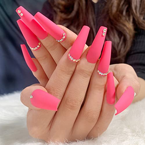 24Pcs Matte Rhinestone Press on Nails - Long Coffin Fake Nails with 3D Bling Crystals in Hot Pink | Full Cover Artificial Nails for Women & Girls | Perfect for Parties, Weddings, and Special Occasions
