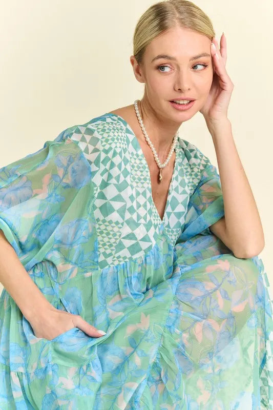 Floral Print Mixed Mint Green Tiered Midi Dress for Women - Summer Boho Chic Casual Outfit for Beach, Party & Vacation