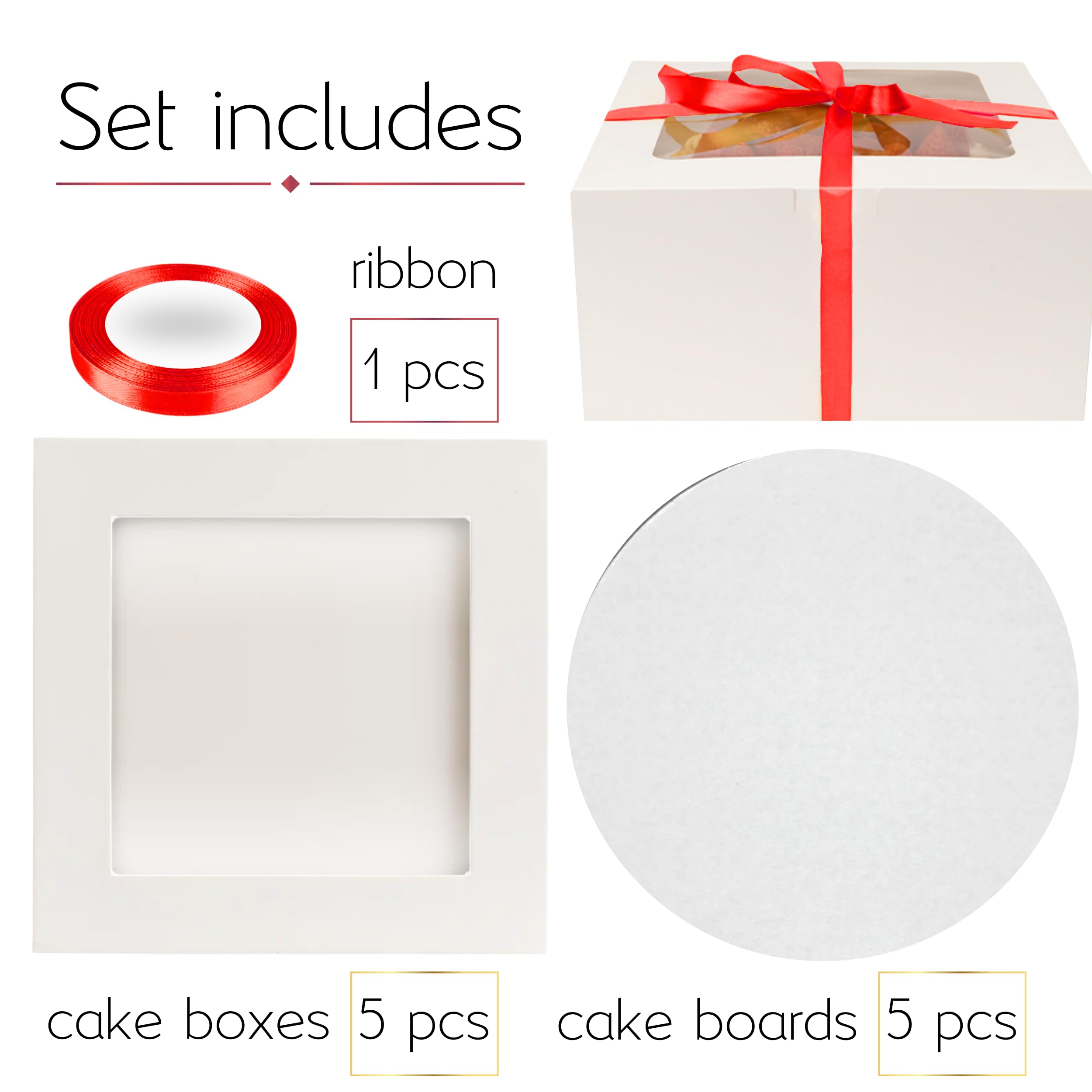 BELMAKS 10 Inch Cake Box Set - Disposable Bakery Boxes with Clear Window, Lids & Red Ribbons | Includes 10 Inch Cake Drum & Cake Board | Perfect for Birthday Cakes, Wedding Desserts & Bakery Display