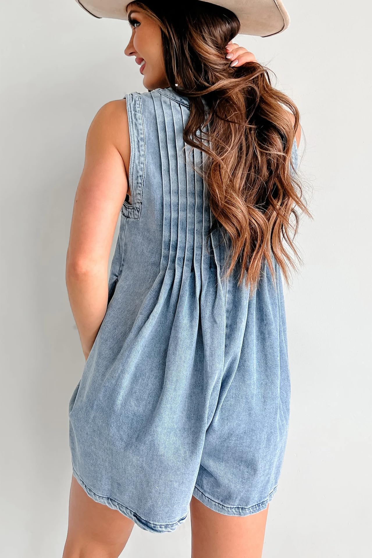 Yoeasy Women's Sleeveless V-Neck Denim Romper - Tie Front Ruffle Jean Short Overalls with Pockets | Summer Casual Outfit, Beach Wear, Street Style Fashion