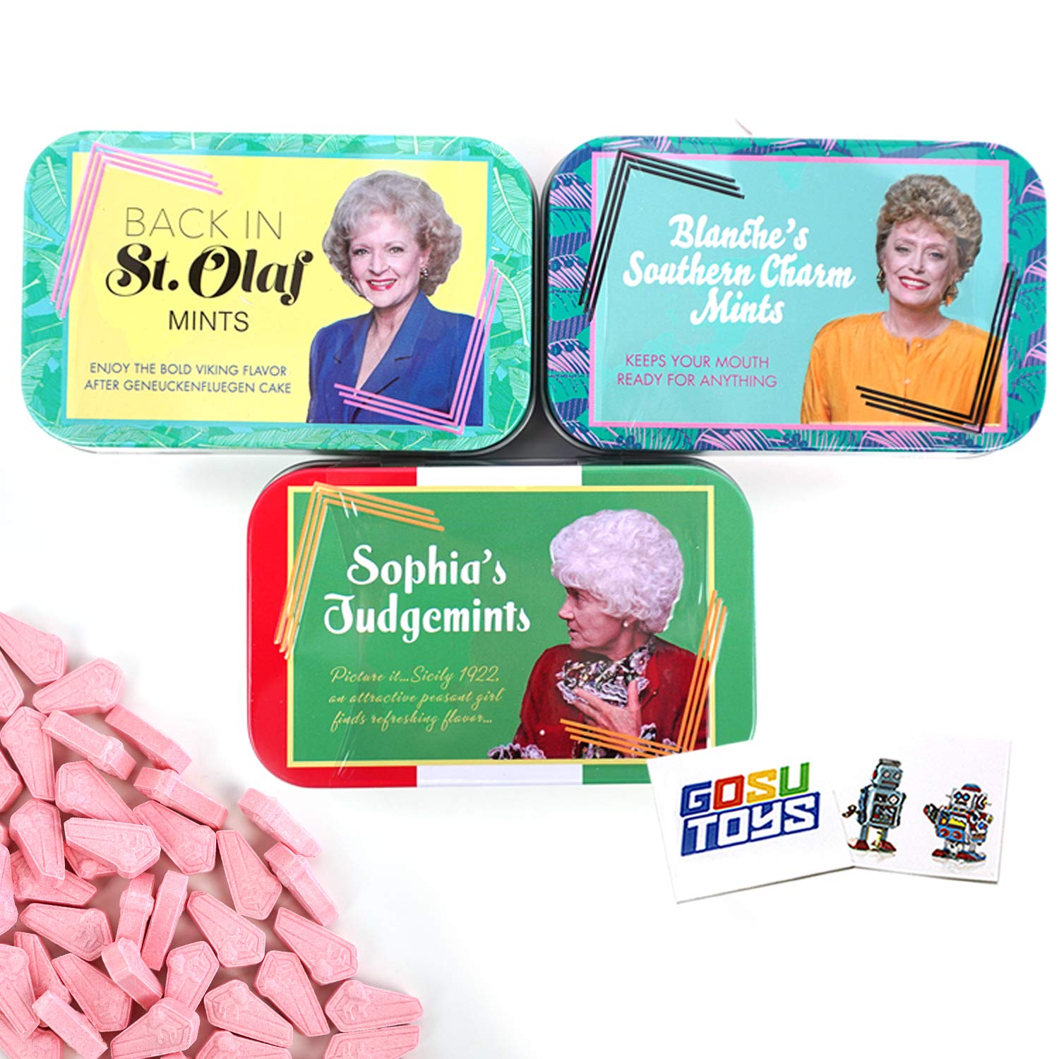 Golden Girls Stay Golden Cheesecake Shaped Mints - 3 Pack with 2 GosuToys Collectible Stickers | Novelty Candy for TV Show Fans, Party Favors & Gift Ideas