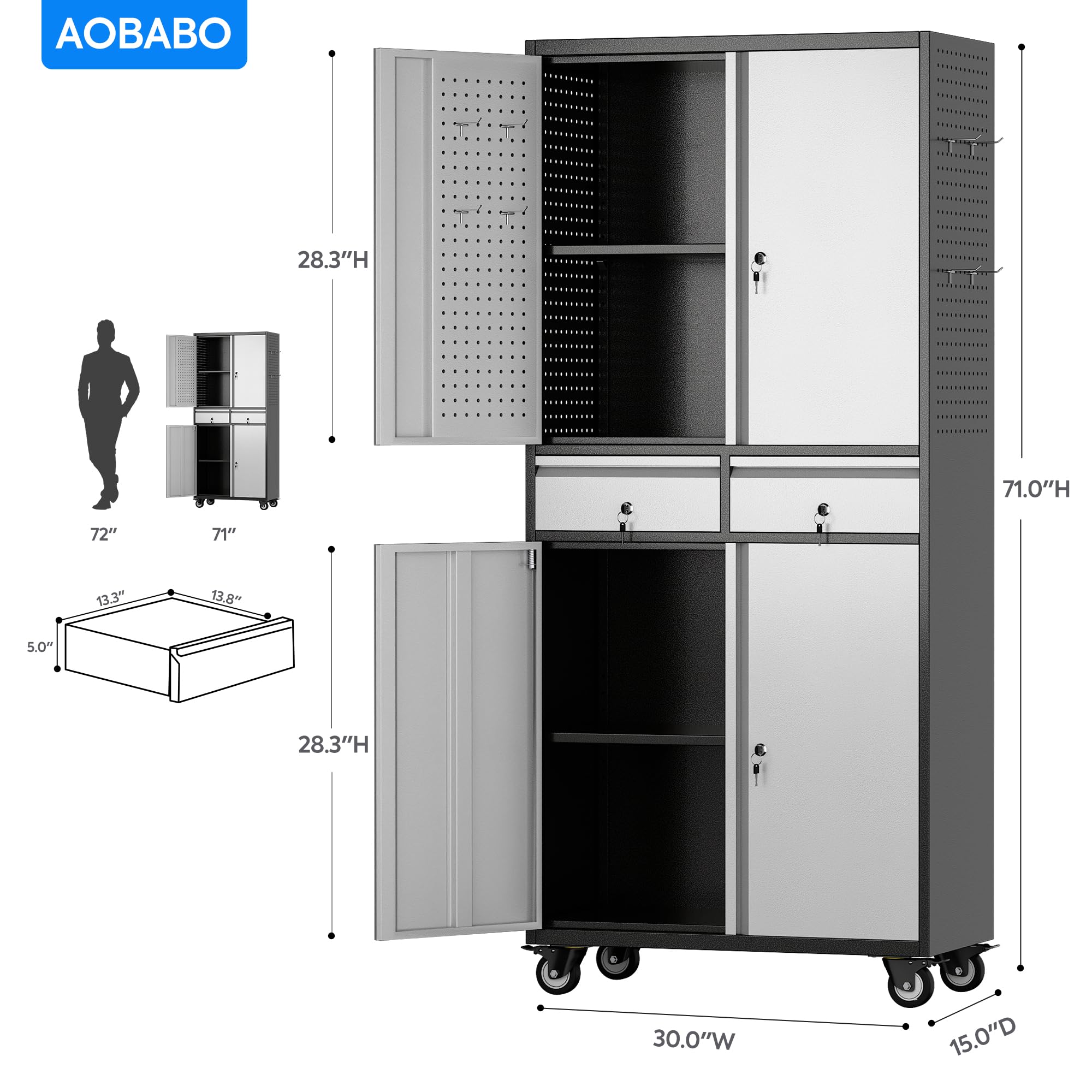 Aobabo Heavy-Duty Metal Storage Cabinet with Locking Doors & Pegboard - 2-Drawer Steel Rolling Tool Cabinet with Adjustable Shelves for Garage, Home, Office & Kitchen - Easy Assembly (Black Gray) - Perfect for Organizing Tools, Supplies & Equipment