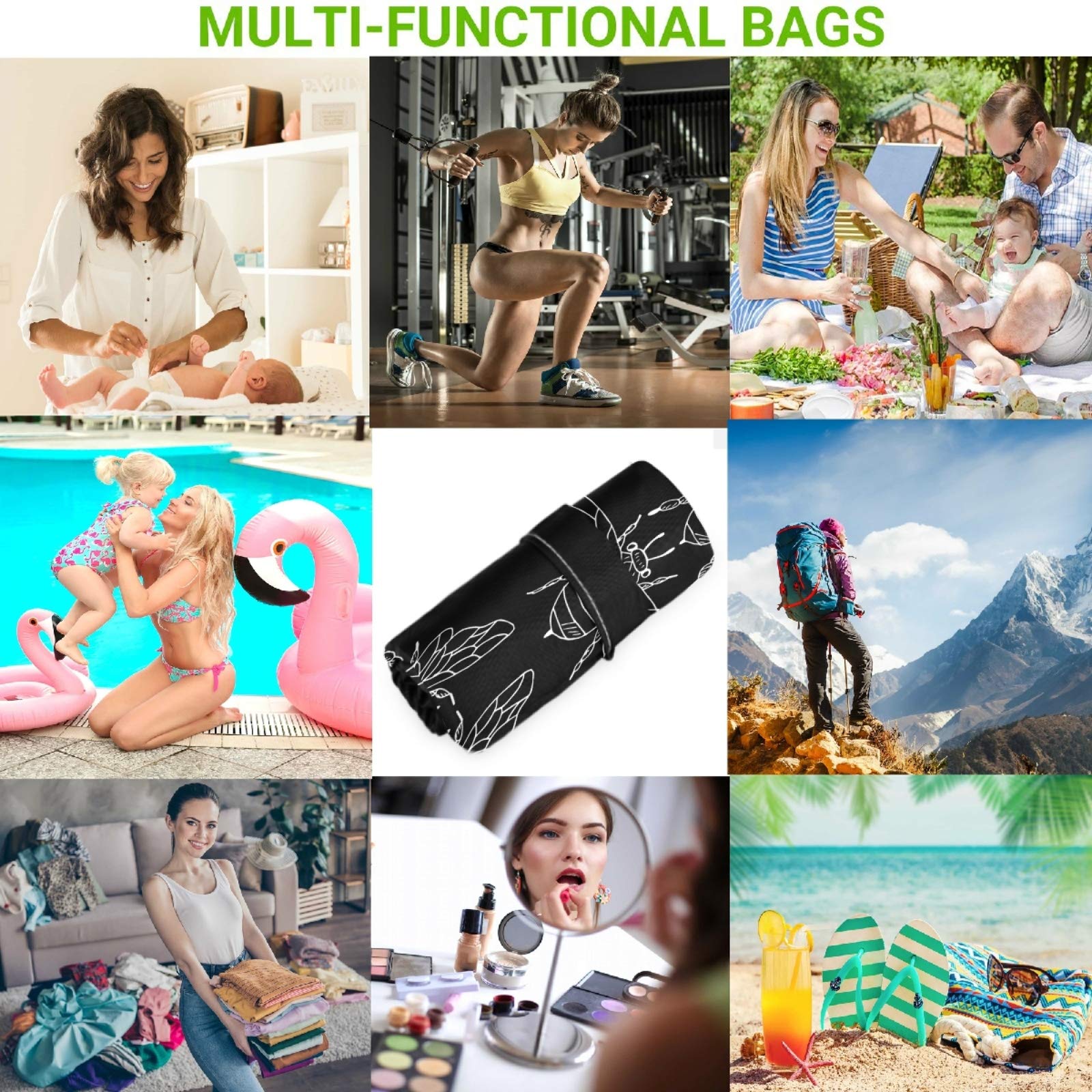 Visesunny Black Bee Doodle 2-Pack Waterproof Wet Bags with Zippered Pockets - Reusable & Washable Storage for Travel, Beach, Pool, Gym, Daycare - Perfect for Wet Swimsuits, Dirty Clothes, Diapers & Toiletries - Ideal for Strollers, Sports & Outdoor Activities