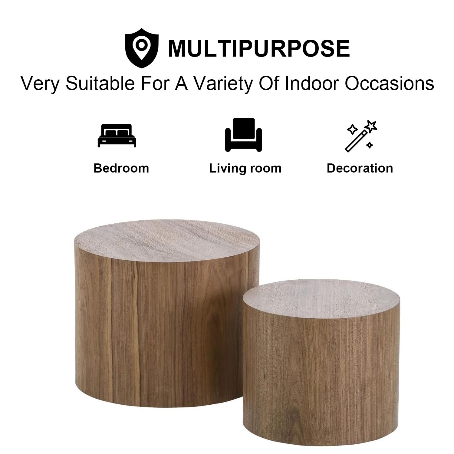 Modern Round Nesting Coffee Table Set of 2 - Walnut Wooden Circle Accent Tables with Non-Slip Feet for Living Room, Bedroom, Office - Space-Saving Drum Side Tables for Small Spaces & Balcony Decor