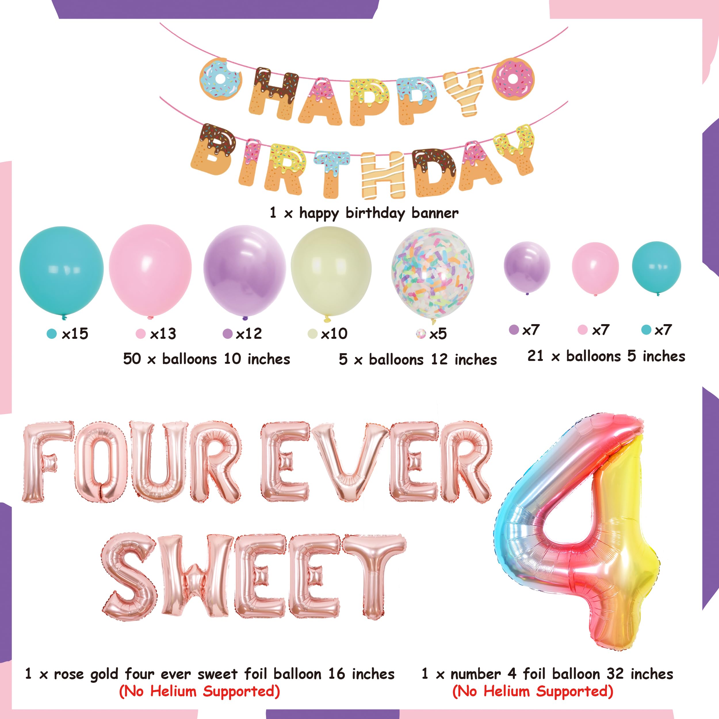 Donut 4th Birthday Party Decorations Set - Four Ever Sweet Theme for Girls, Doughnut Balloon Arch & Happy Birthday Banner - Perfect for 4 Year Old's Party, Baby Shower, or Dessert-Themed Celebration