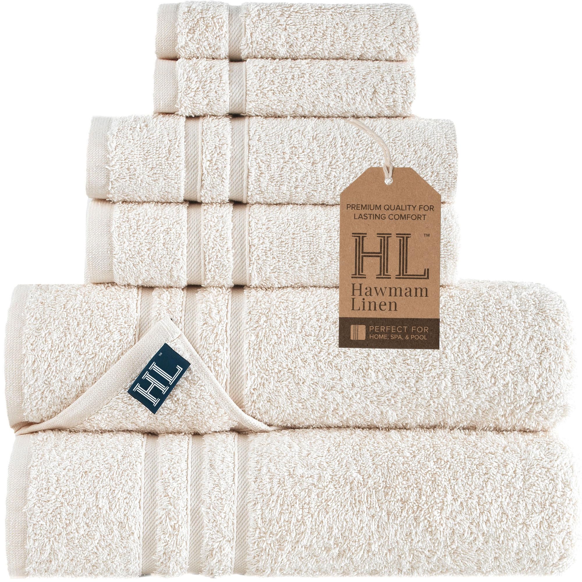 Premium 6-Piece Turkish Cotton Bath Towel Set - 2 Bath Towels, 2 Hand Towels & 2 Washcloths | Ultra Soft, Highly Absorbent Linen Cream Towels for Spa, Bathroom & Luxury Home Use (Sea Salt Color)