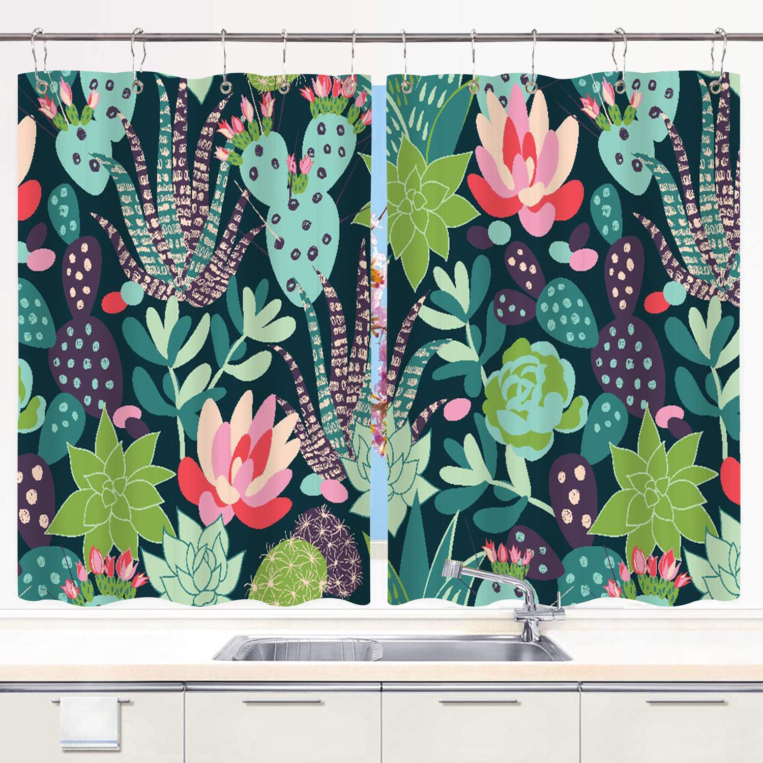 Green Succulent Cactus Flower Kitchen Curtains Set of 2 Panels - 55x39 Inch Window Treatment with Metal Hooks for Kitchen & Living Room Decor - Perfect for Farmhouse, Cottage & Boho Style Homes