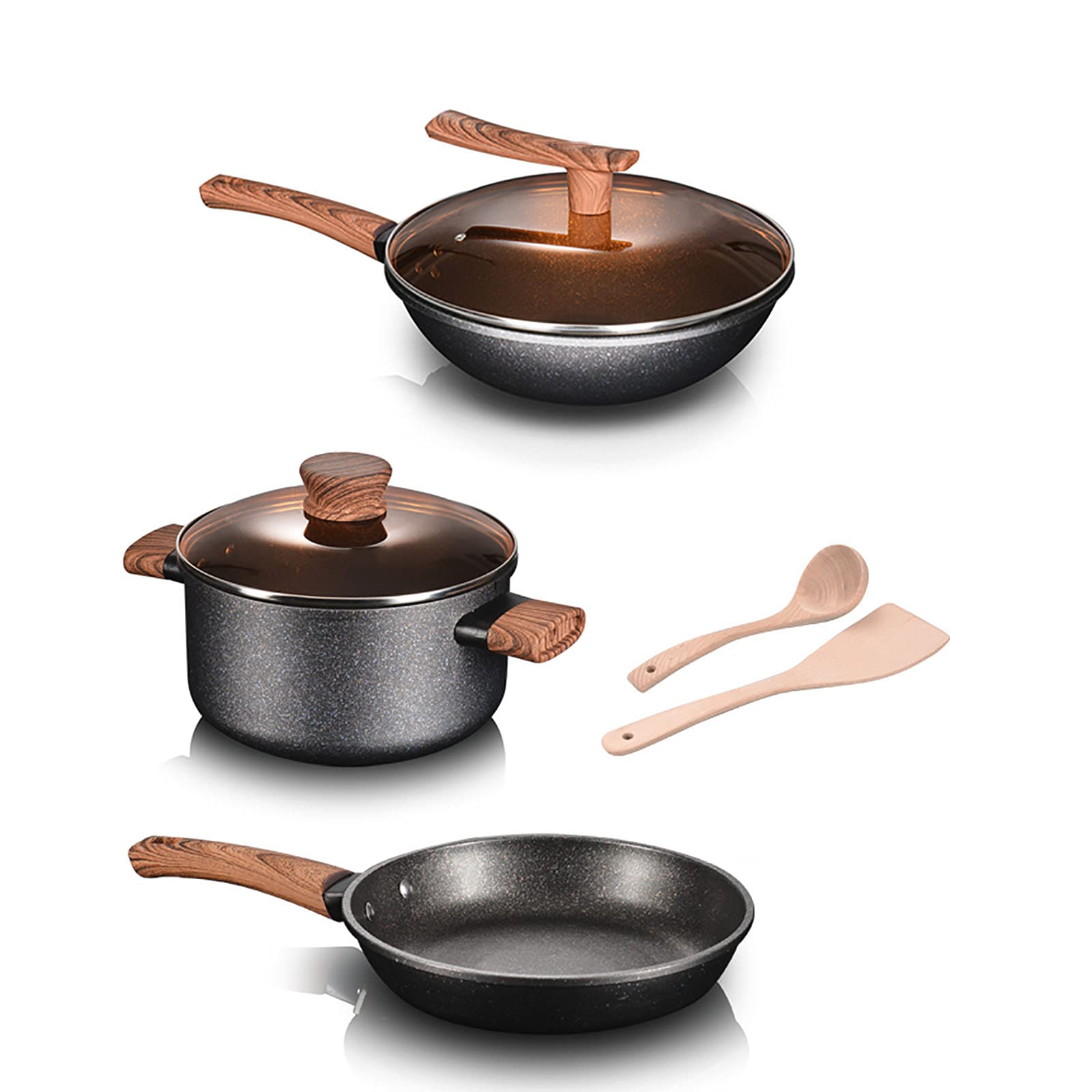 5-Piece Non-Stick Cookware Set - Professional Chef Kitchen Pots & Pans with Wooden Handle, Stainless Steel Frying Pan with Lid - Perfect for Home Cooking, Restaurant Use & Gift Giving