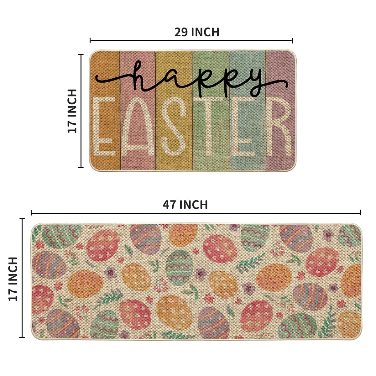 Vibrant Easter Egg Kitchen Mats Set of 2 - Non-Slip Spring Home Decor Floor Rugs (17x29 & 17x47 Inch) for Easter Decorations, Kitchen Protection & Holiday Cheer
