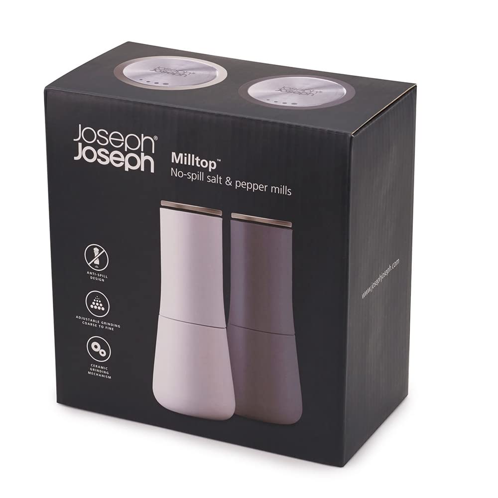 Joseph Joseph Milltop Adjustable Salt and Pepper Grinder Set - Dark Gray & White 2-Piece Spice Mill for Kitchen, Dining Table, and Outdoor Cooking - Coarse to Fine Grind Control