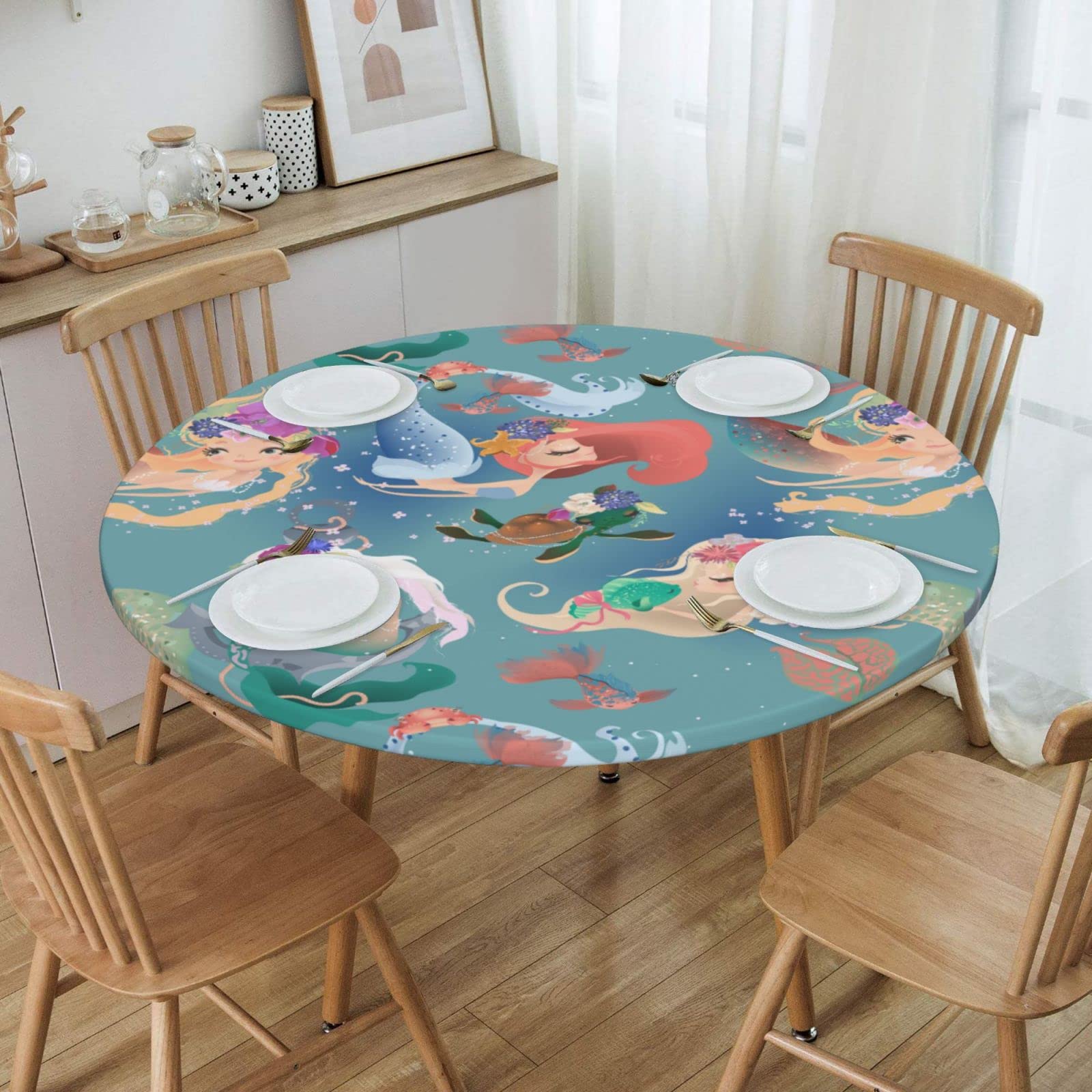 Cute Mermaid and Turtle Fish Round Tablecloth - Elastic Edge Fitted Table Cover for 45