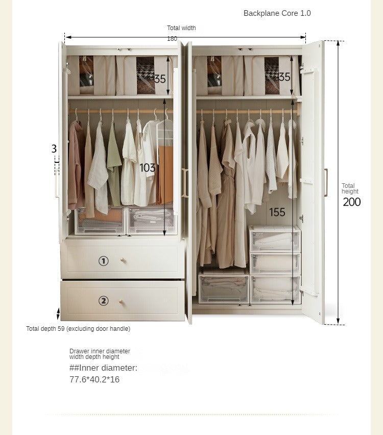 French Cream Pine Solid Wood Wardrobe - Elegant Vintage Closet for Bedroom, Living Room & Guest Room Storage