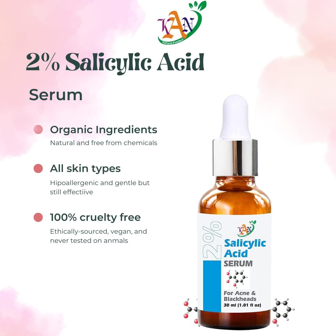 Kan Natural 2% Salicylic Acid Face Serum for Acne, Blackheads & Oil Control - Gentle Exfoliating Serum for Oily & Acne-Prone Skin - Suitable for Women & Men, 30ml - Perfect for Daily Skincare Routine & Blemish Treatment