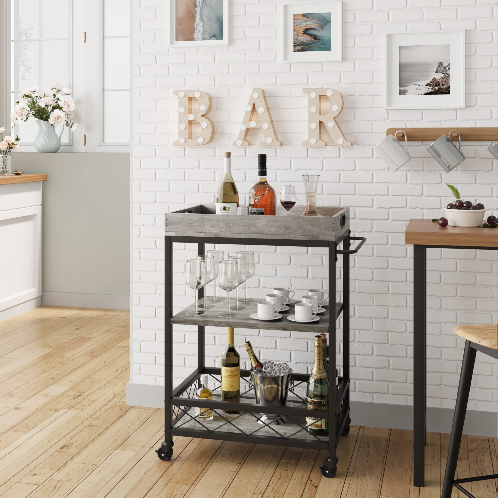 GARVEE 3-Tier Rolling Bar Cart with Wine Rack & Locking Wheels - Grey | Mobile Serving Cart for Kitchen, Dining Room & Outdoor Entertaining