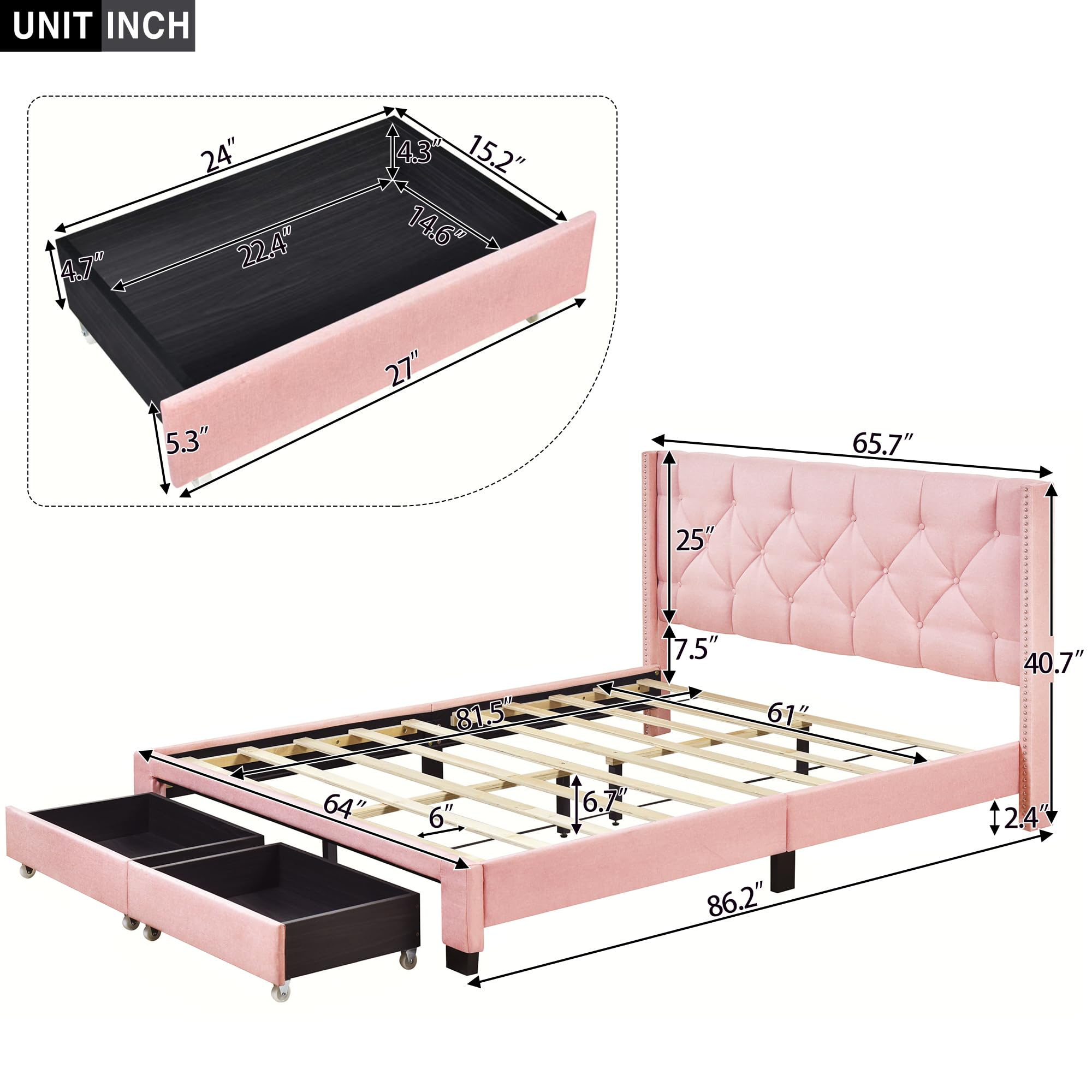 Merax Queen Size Linen Upholstered Platform Bed Frame with 2 Storage Drawers & Headboard - Pink Upholstered Bed for Teen Girls & Boys Bedroom | Modern Space-Saving Storage Solution for Small Rooms