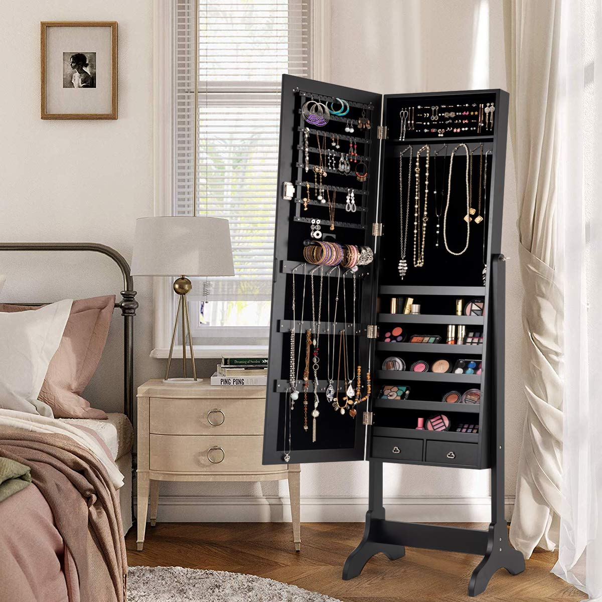 WATERJOY Jewelry Organizer with Full-Length Standing Mirror - 4 Adjustable Angle Lockable Jewelry Cabinet & Storage Armoire - Perfect for Bedroom, Closet & Dressing Room Organization