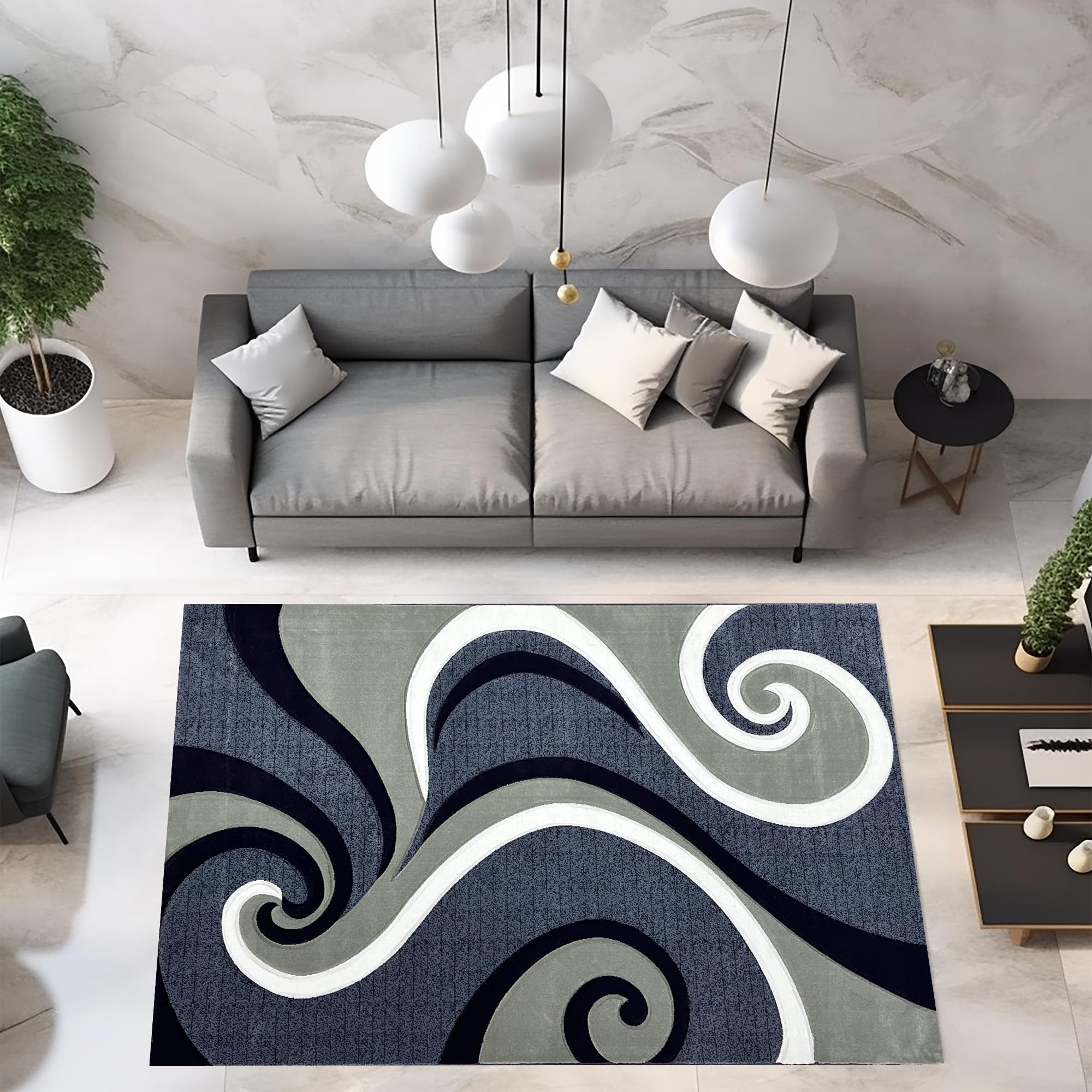 6ft Round Abstract Modern Contemporary Area Rug - Premium Thick Colorful Carpet for Living Room, Bedroom, Office - 327 Navy Blue - Soft & Durable Home Decor