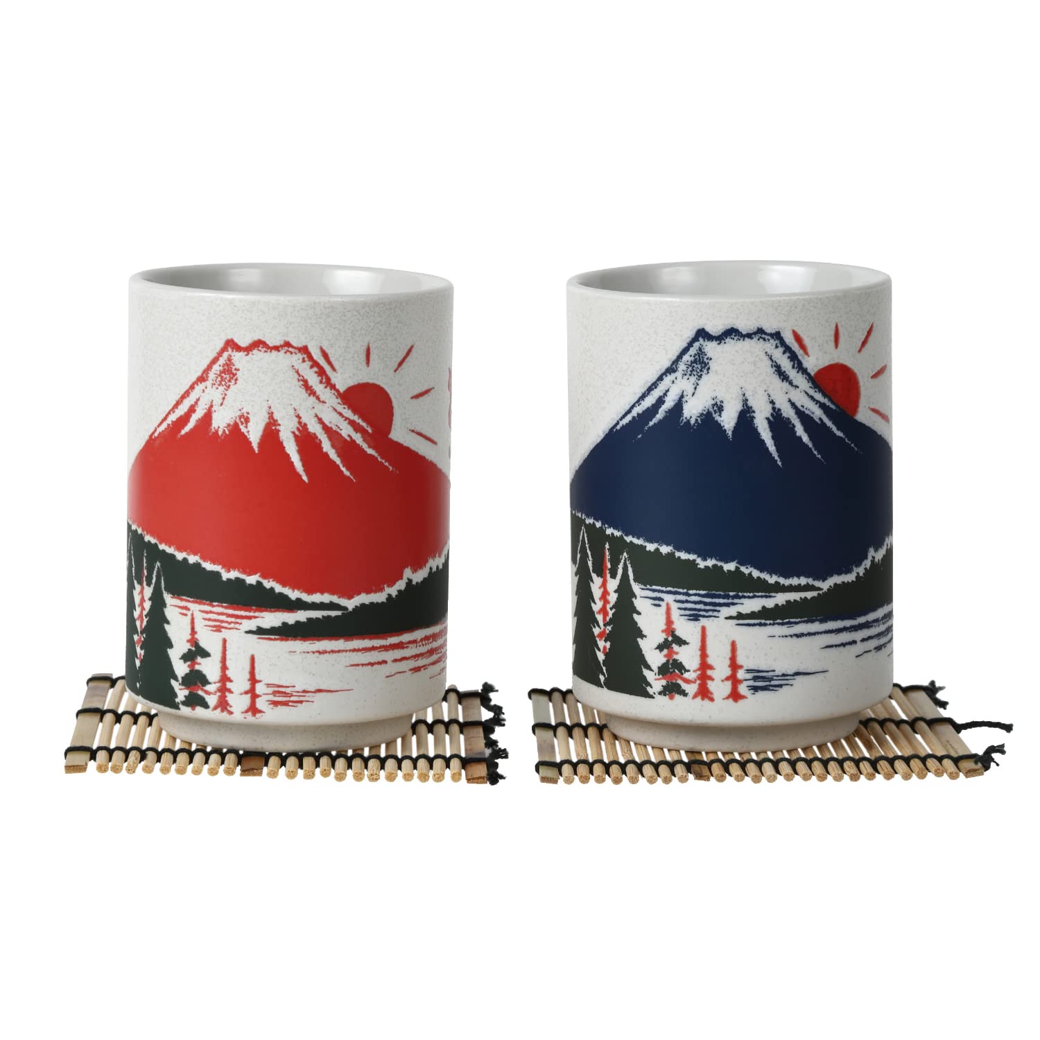 Premium Japanese Tea Cups Set - Authentic Sushi-Yunomi Mino Ware with Bamboo Coaster (2-Piece, Mt. Fuji Design) - Perfect for Matcha, Sencha & Traditional Tea Ceremonies