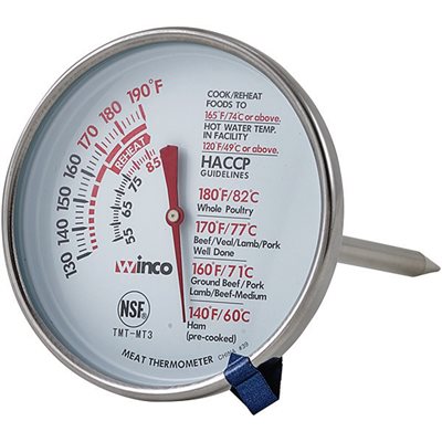 Winco Dual Scale Meat Thermometer with Large Dial - 130°F to 190°F (55°C to 90°C) - Perfect for Grilling, Smoking, Roasting & BBQ Cooking