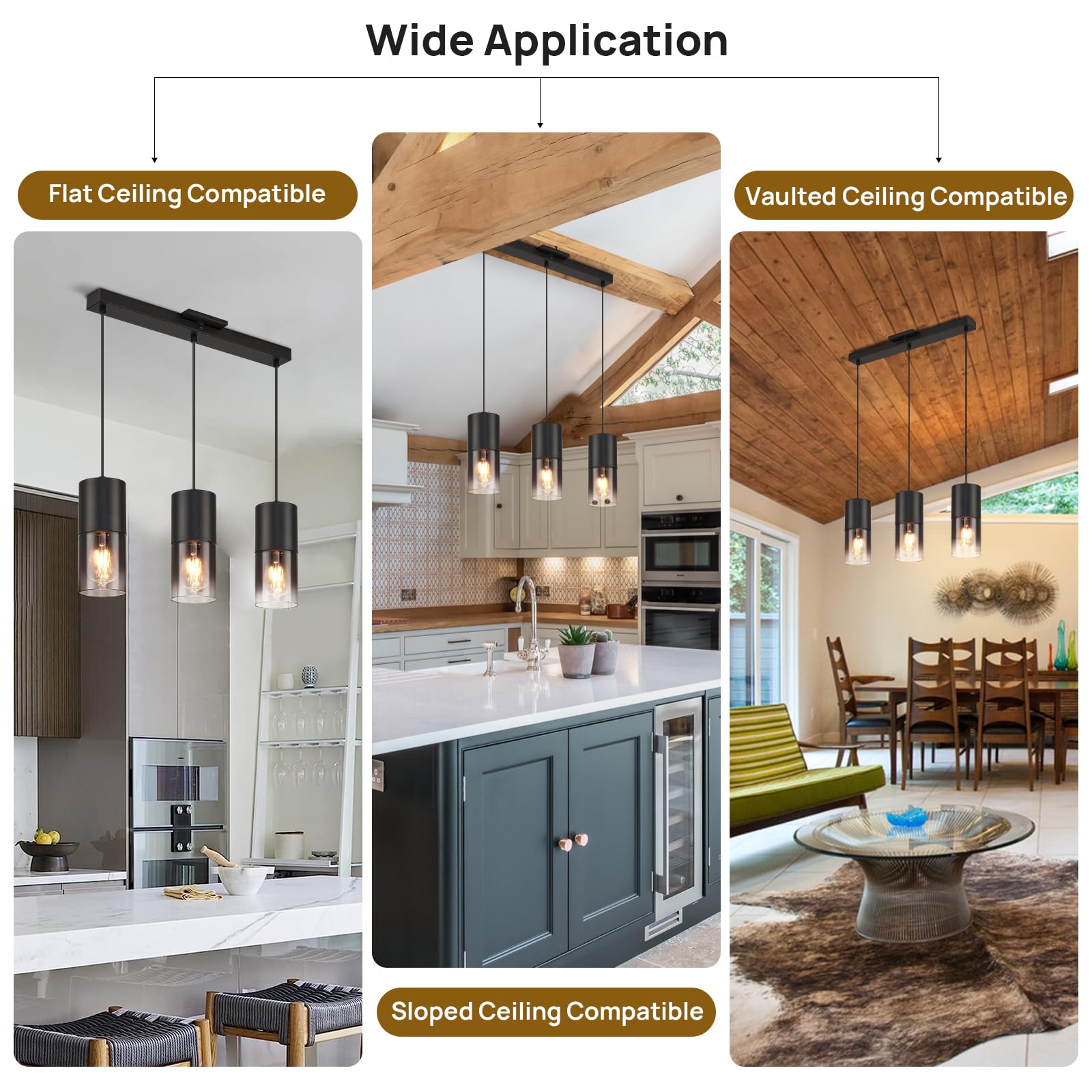 Industrial Black Glass Pendant Light - Farmhouse Kitchen Island Chandelier with 3 E26 Bulbs & 59