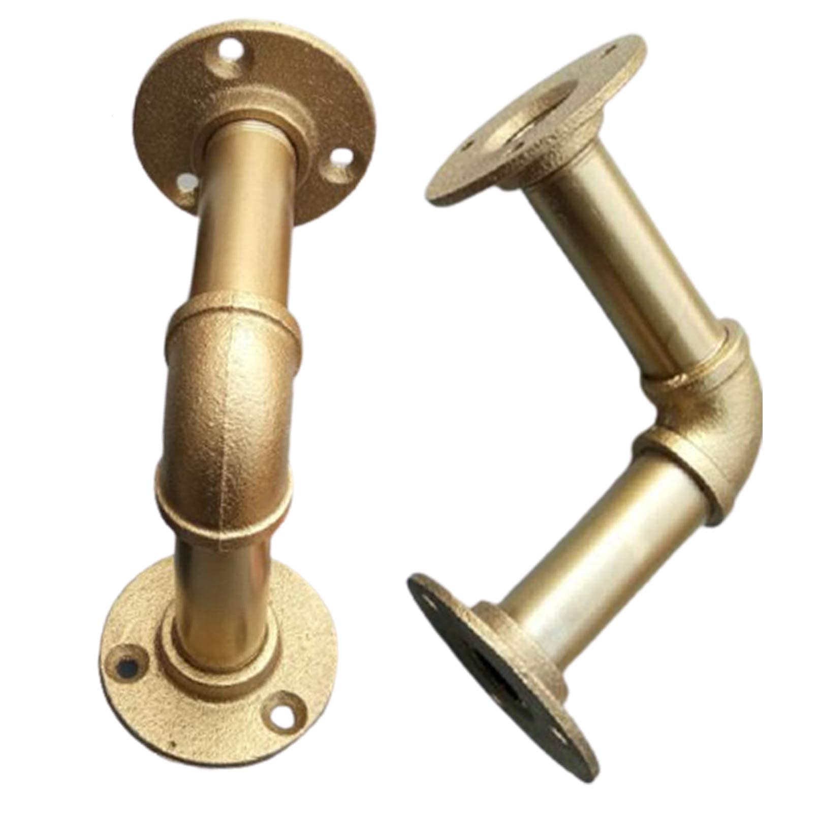 Vintage Industrial Pipe Shelf Brackets - 2Pcs Iron Wall Mounted Floating Shelf Supports, Heavy Duty Tube Rack for Bookshelf, Scaffold Board & Home Decor (Gold, 12x12cm) - Perfect for Living Room, Bedroom & Office Organization