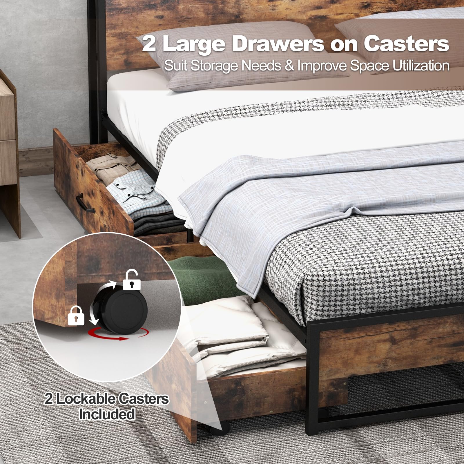 Giantex Queen Bed Frame with 2 Storage Drawers & USB Charging Station, Industrial Metal Platform Bed with 2-Tier Headboard Storage, Rustic Mattress Foundation with Reinforced Slats (No Box Spring Needed) - Perfect for Small Bedrooms, Studio Apartments & Modern Farmhouse Decor