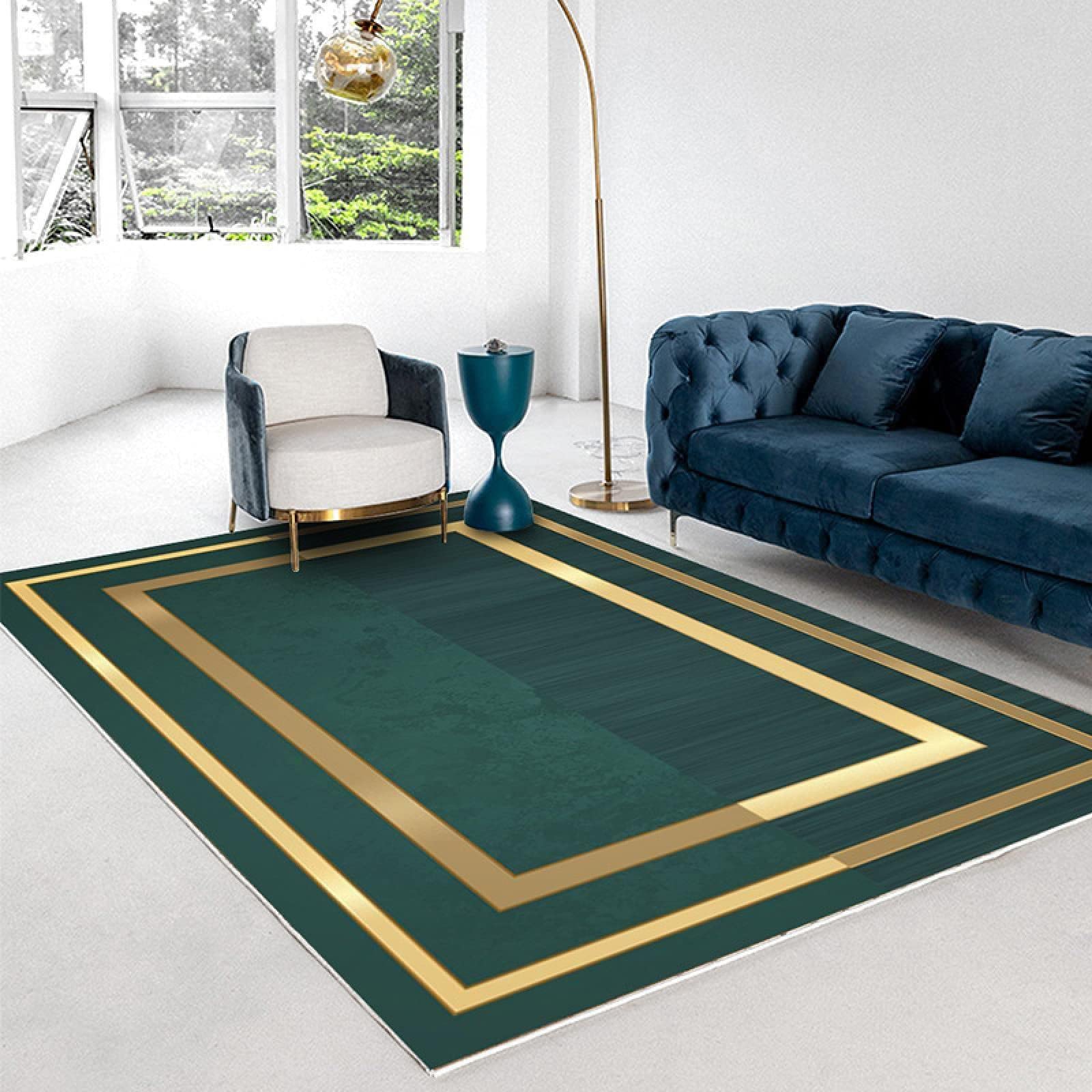 Emerald Green Gold Frame Geometric Area Rug - Luxury Nordic Style Non-Slip Machine Washable Carpet for Living Room, Bedroom, Dining & Dorm Decor (4'x6') - Perfect for Modern Homes & Apartments