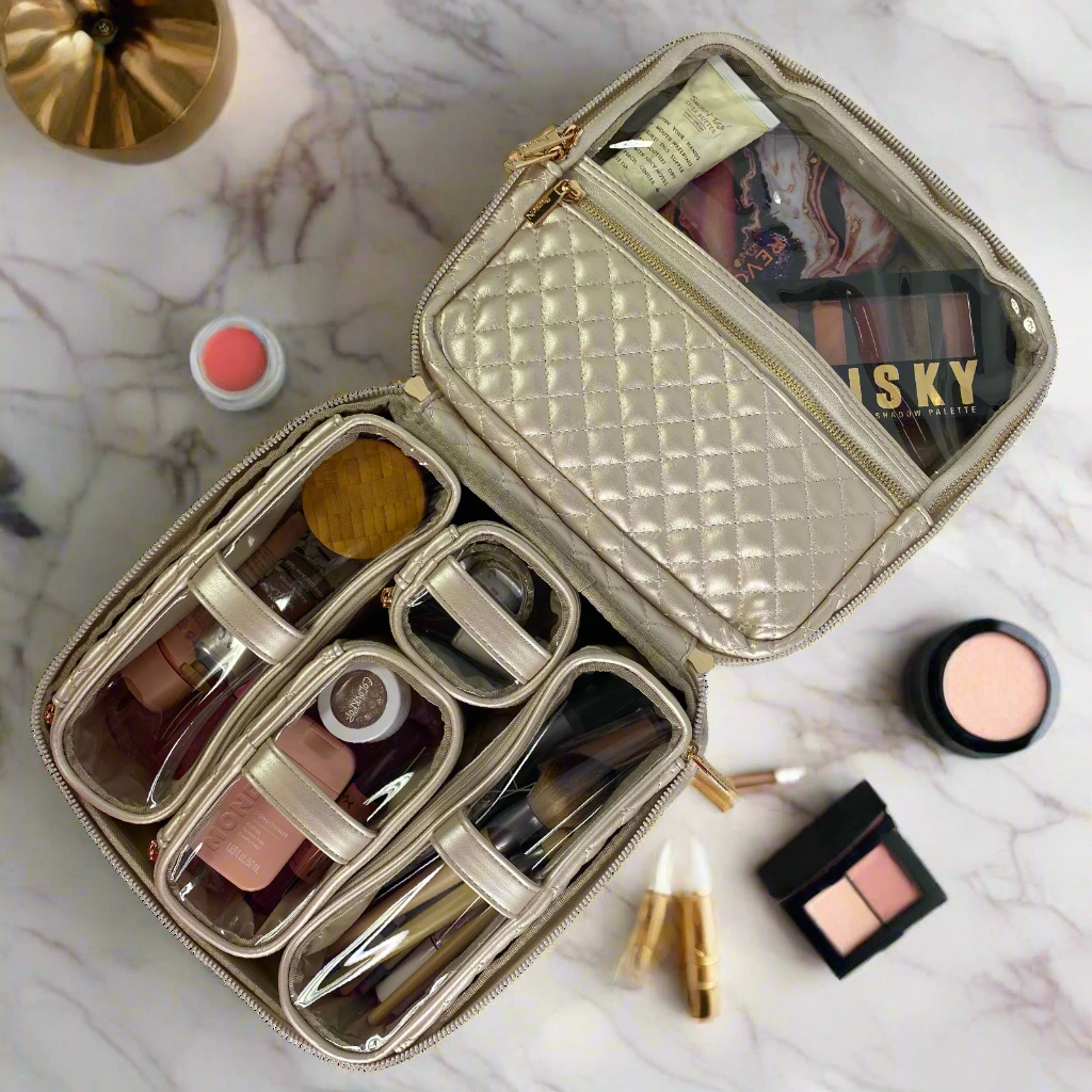 Mini Diva Makeup Case - Pearl Quilted Cosmetic Bag for Women | Travel & Everyday Use | Compact Organizer for Makeup Brushes, Lipsticks & Beauty Essentials
