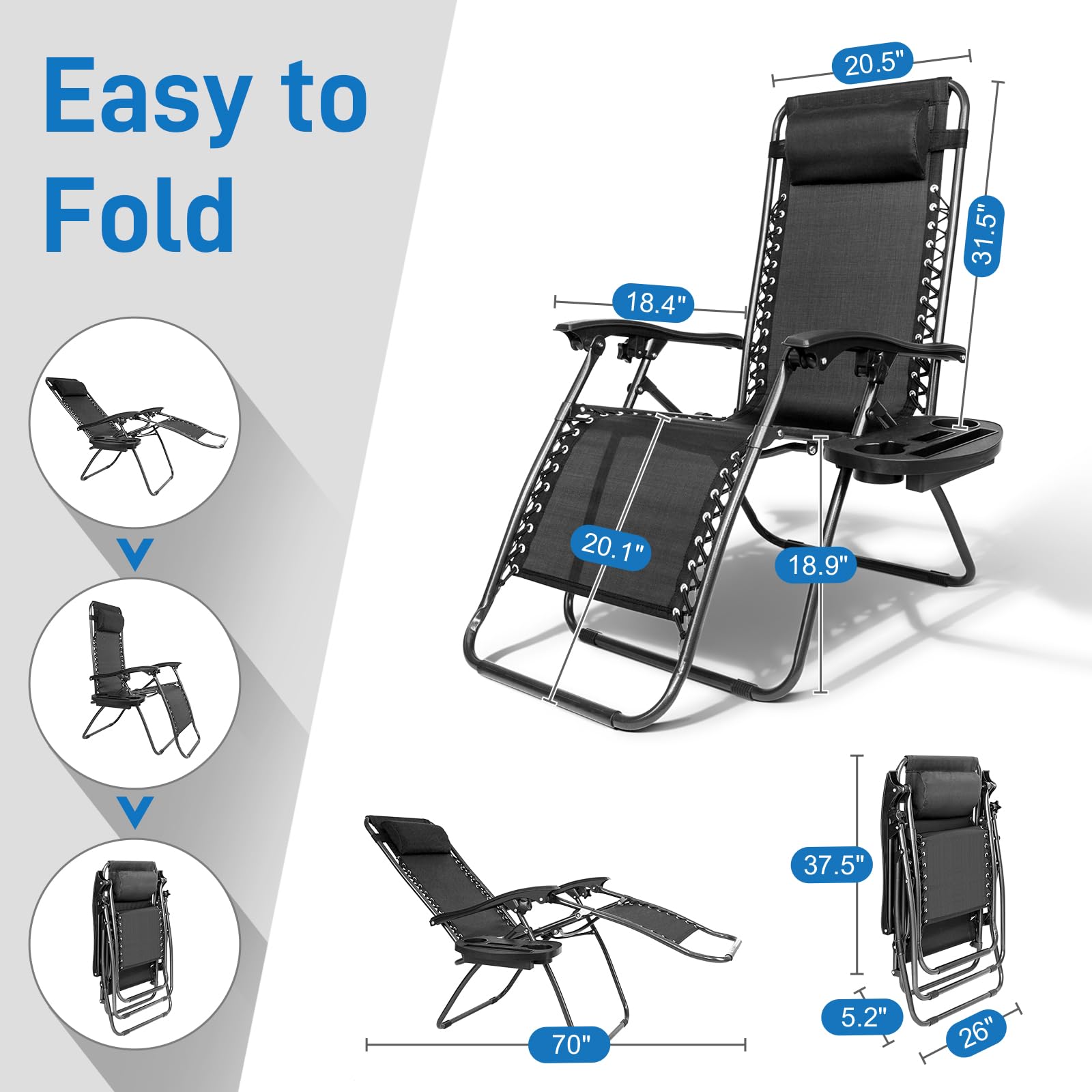 Bonnlo Zero Gravity Chair Set of 2 - Adjustable Reclining Patio Lounge Chairs with Pillow & Cup Holder, Foldable Outdoor Lawn Chairs for Deck, Backyard, Beach, Poolside & Garden Relaxation (Black)