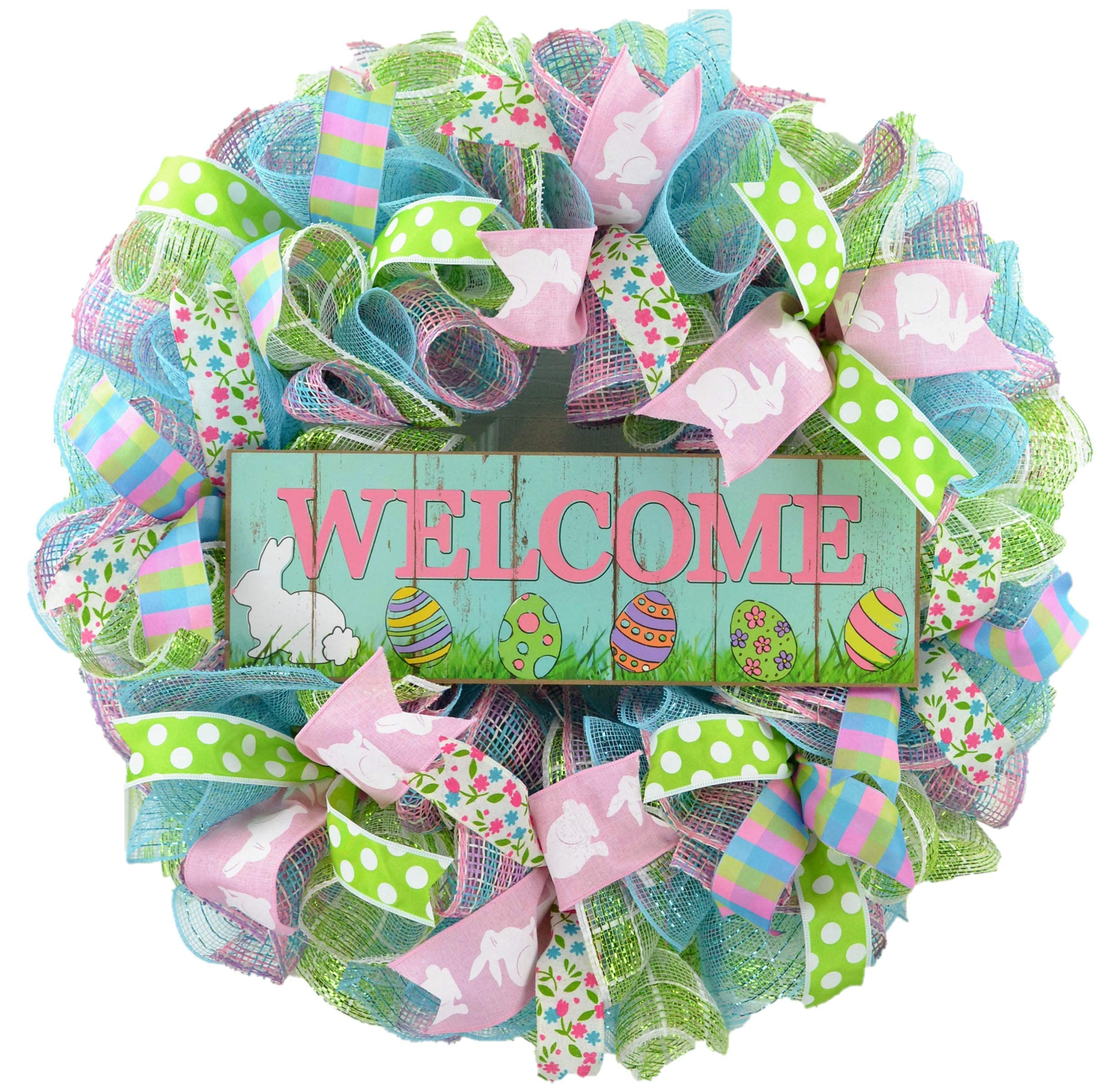 Easter Bunny Wreath - Spring Welcome Door Wreath in Pink, Turquoise, Lime Green & White | Easter Home Decor | Front Door Wreath for Spring & Easter Celebrations