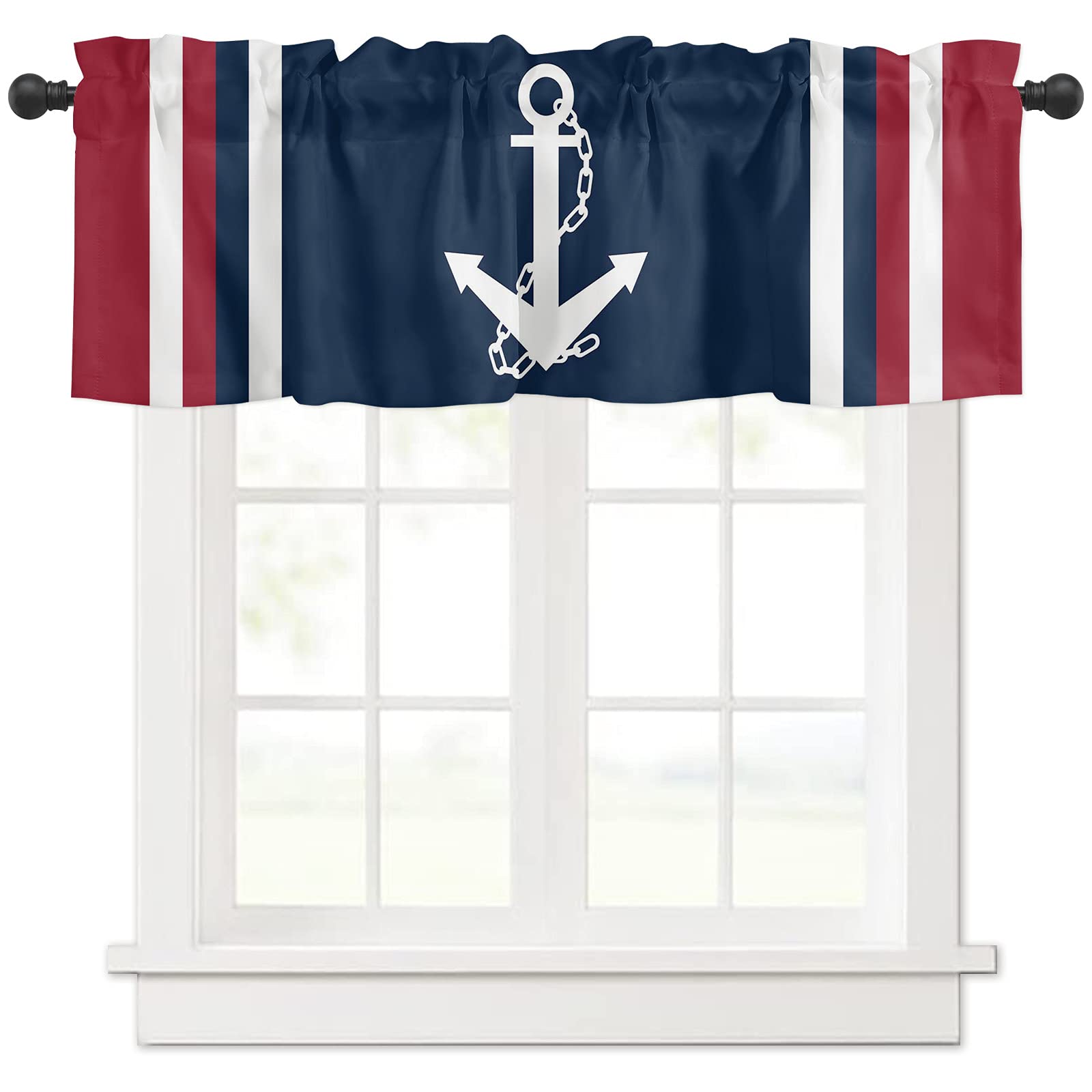 Nautical Anchor Red Blue Semi-Sheer Window Valance - 54x18 Inch Rod Pocket Curtain for Living Room, Bedroom, Kitchen, Bathroom, Dining Room & Laundry Room - Coastal Decor for Home & Cottage Style Interiors
