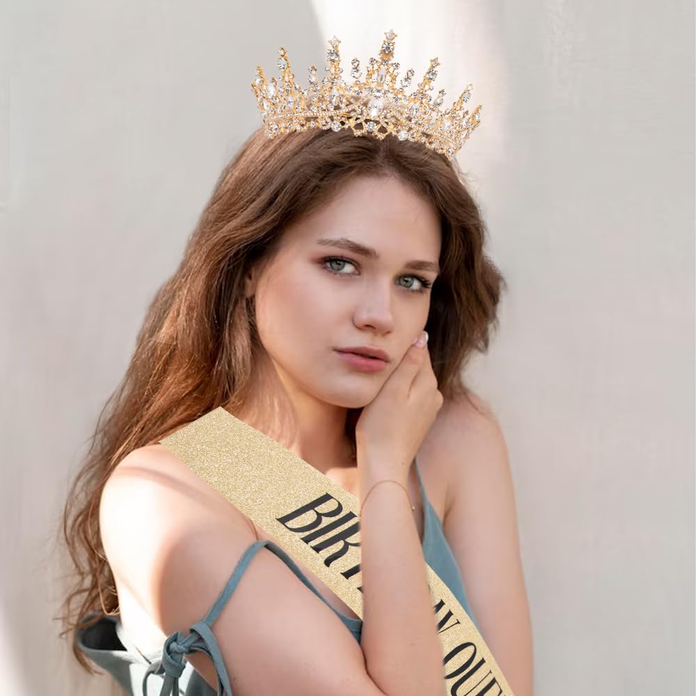 Gold Crystal Birthday Crown for Women - Elegant Queen Tiara with Combs & Glitter | Birthday Party Decorations & Gifts for Women | Perfect for Birthday Celebrations, Bachelorette Parties & Special Events