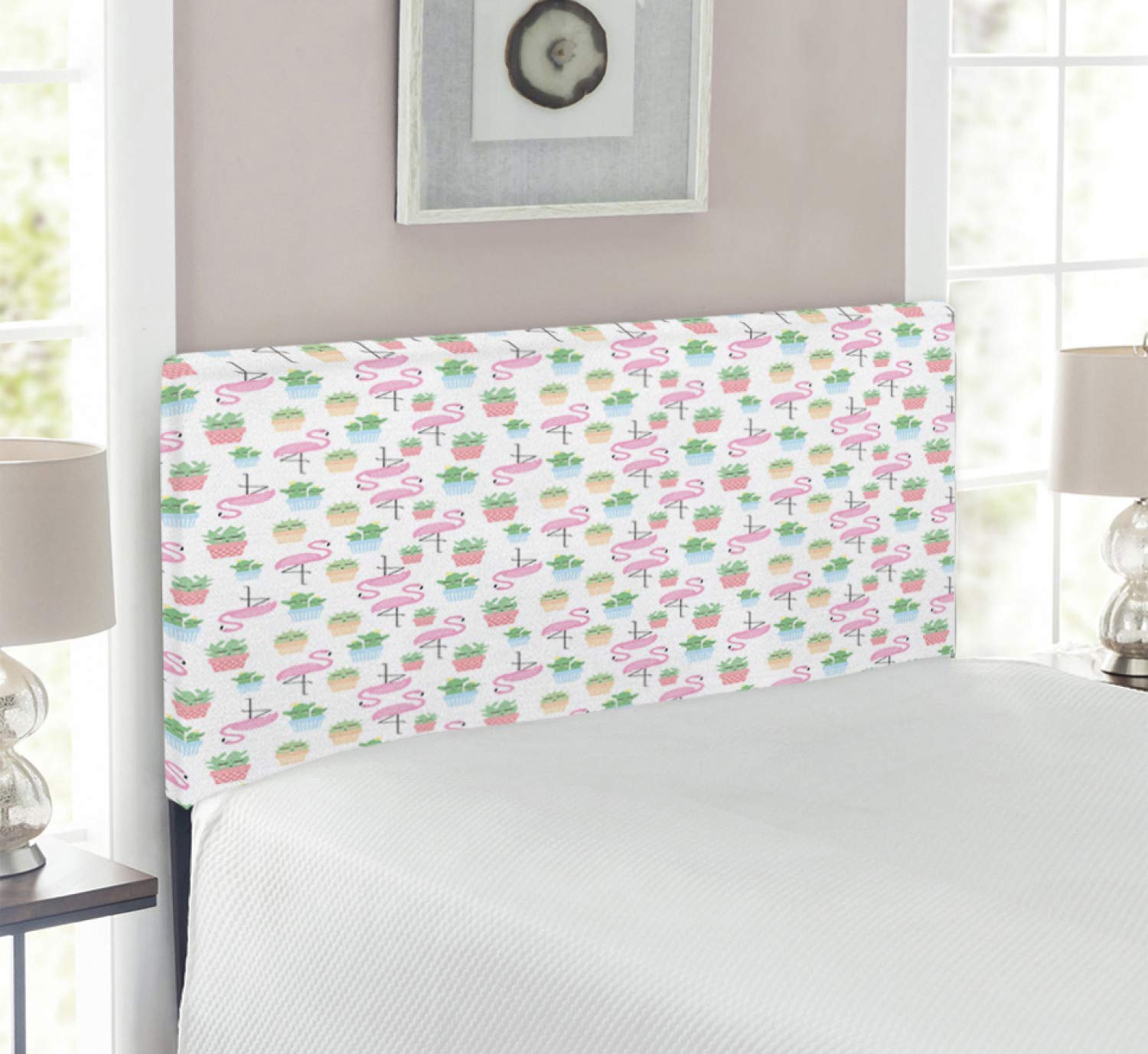 Ambesonne Twin Size Upholstered Cactus Headboard with Memory Foam - Tropical Flamingo & Sleeping Plant Cartoon Design, Decorative Metal Bed Headboard for Kids & Teens Room, Multicolor | Perfect for Beach House, Boho Bedroom & Tropical Themed Decor
