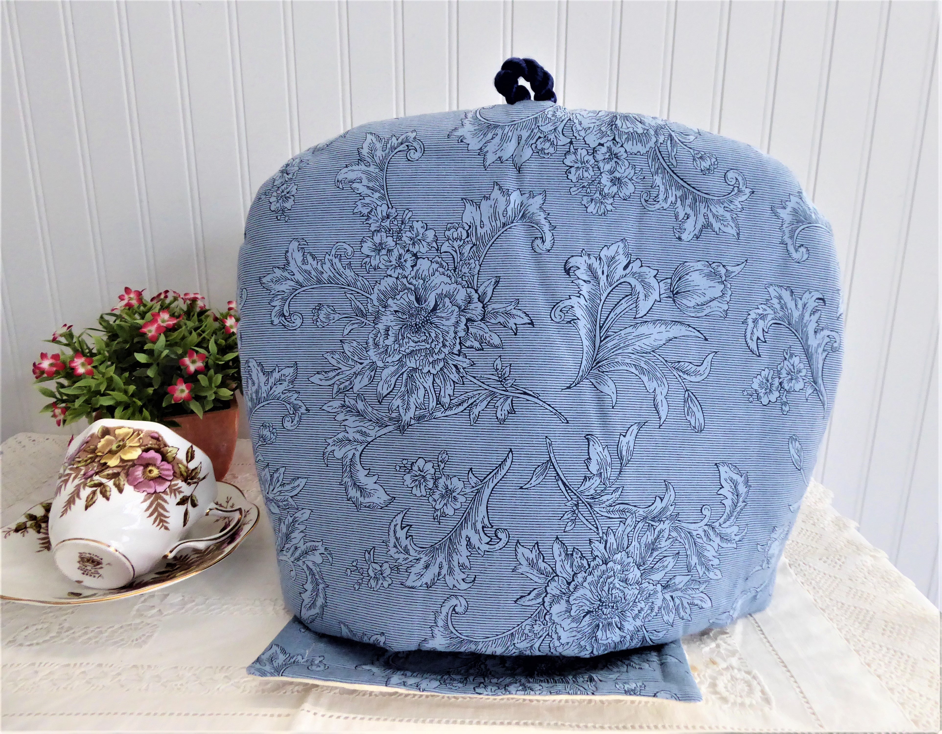Handmade Floral Tea Cozy Set with Trivet & Mug Mat - Blue on Blue Design for Tea Lovers | Perfect for Afternoon Tea, Gifts & Cozy Kitchen Decor (1999 Collection)