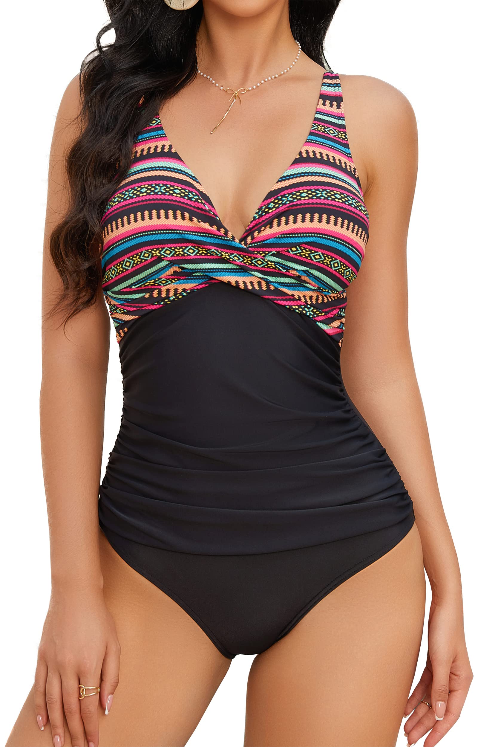 One Piece Swimsuit for Women - Tummy Control Retro V Neck Bathing Suit for Beach & Pool