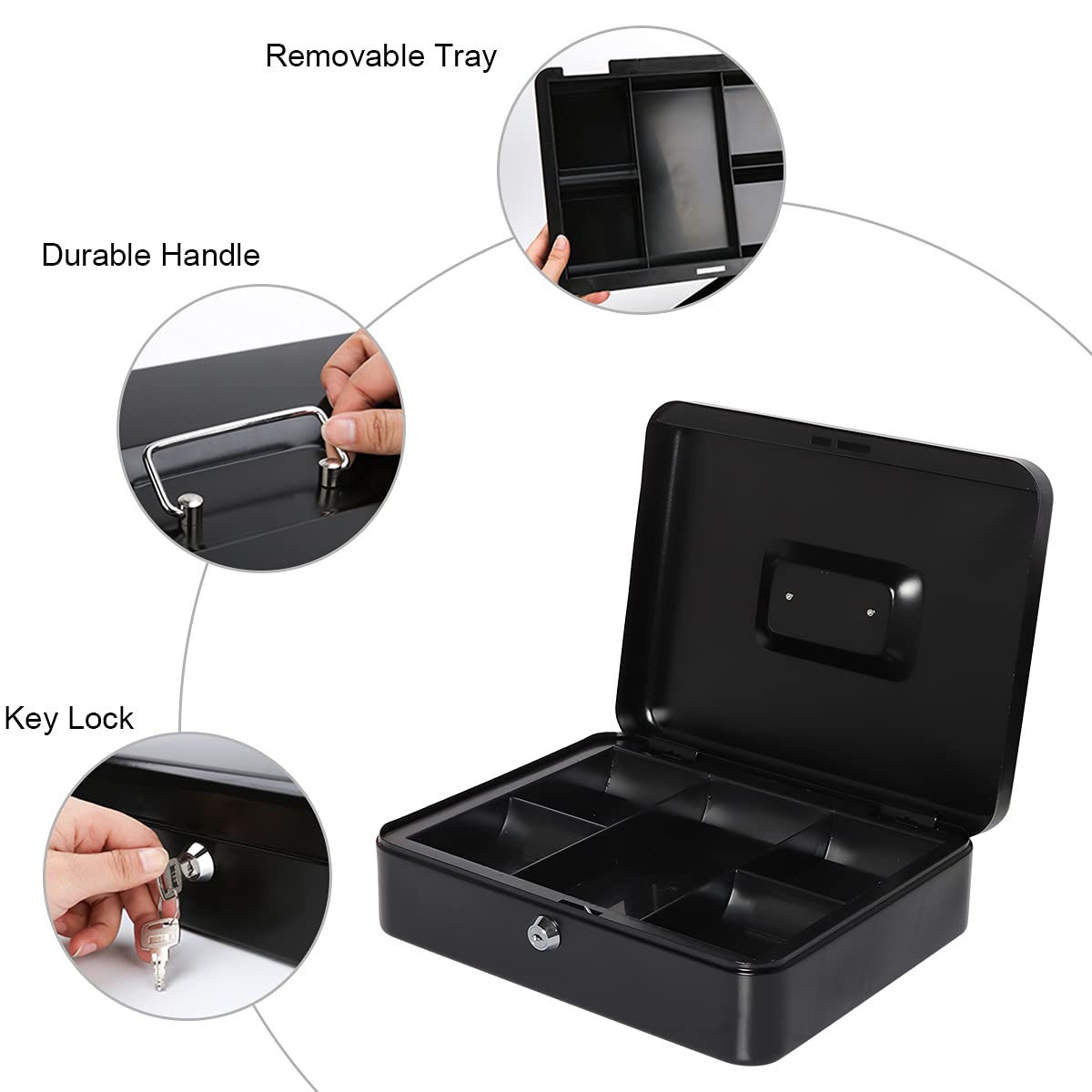 Large Cash Box with Money Tray & Key Lock - 11.8