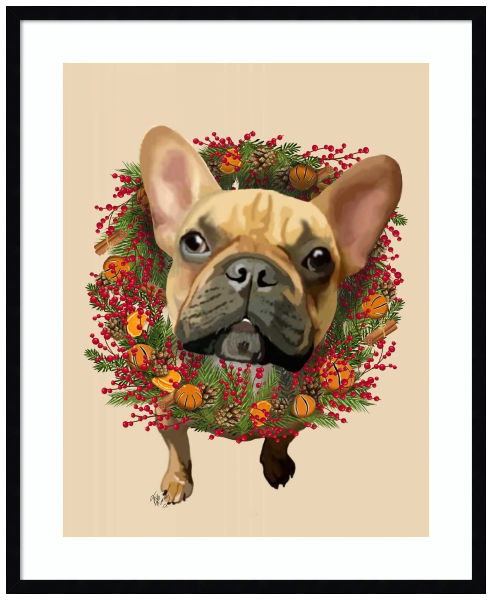 Amanti Art French Bulldog Cranberry Wreath Wall Art Print - 27x33 Inch Large Wood Framed Canvas - Svelte Noir Black Frame - Perfect for Living Room, Bedroom & Office Decor
