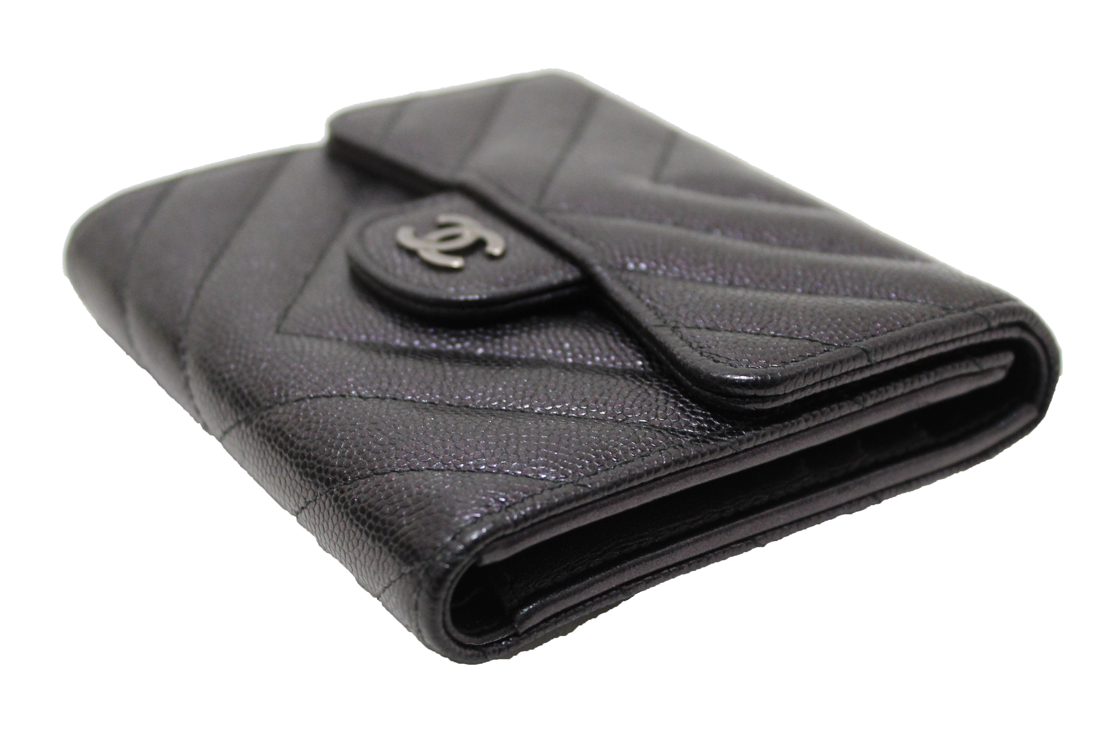Authentic Chanel Black Iridescent Caviar Chevron Quilted Compact Flap Wallet - Luxury Women's Designer Handbag for Everyday Use & Special Occasions