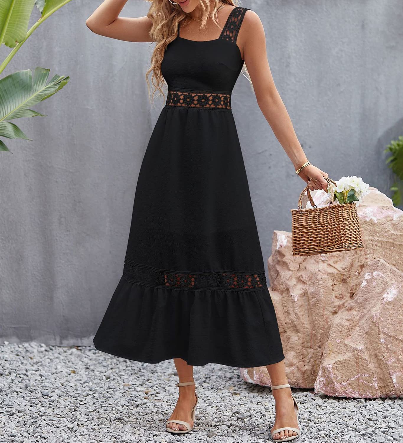 Women's Bohemian White Summer Dress - Sleeveless Lace Backless Tank Long Dress, Elegant & Fresh Slim Strap - Perfect for Beach Vacations, Weddings & Summer Parties