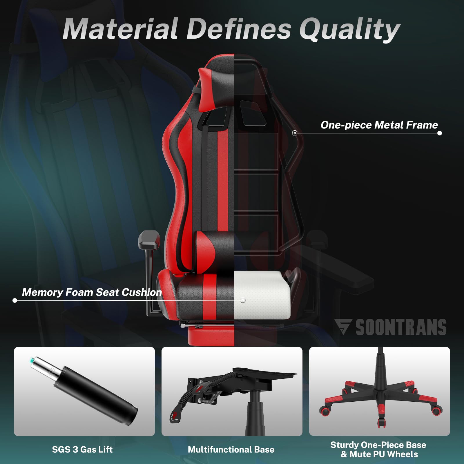Soontrans Red Gaming Chair with Footrest - Ergonomic Racing Style Massage Gaming Chair for Adults, Adjustable Height & 360° Swivel, Reclining Computer Office Chair for PC Gaming, Streaming & Home Office Use