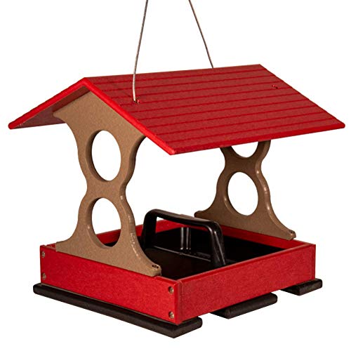JC's Wildlife Medium Poly Fly-Thru Bird Feeder with Removable Seed Tray - 4 Cups Capacity for Cardinals, Chickadees & Backyard Birds (Red/Tan) | Durable Outdoor Bird Feeding Station for Garden, Patio & Yard Bird Watching