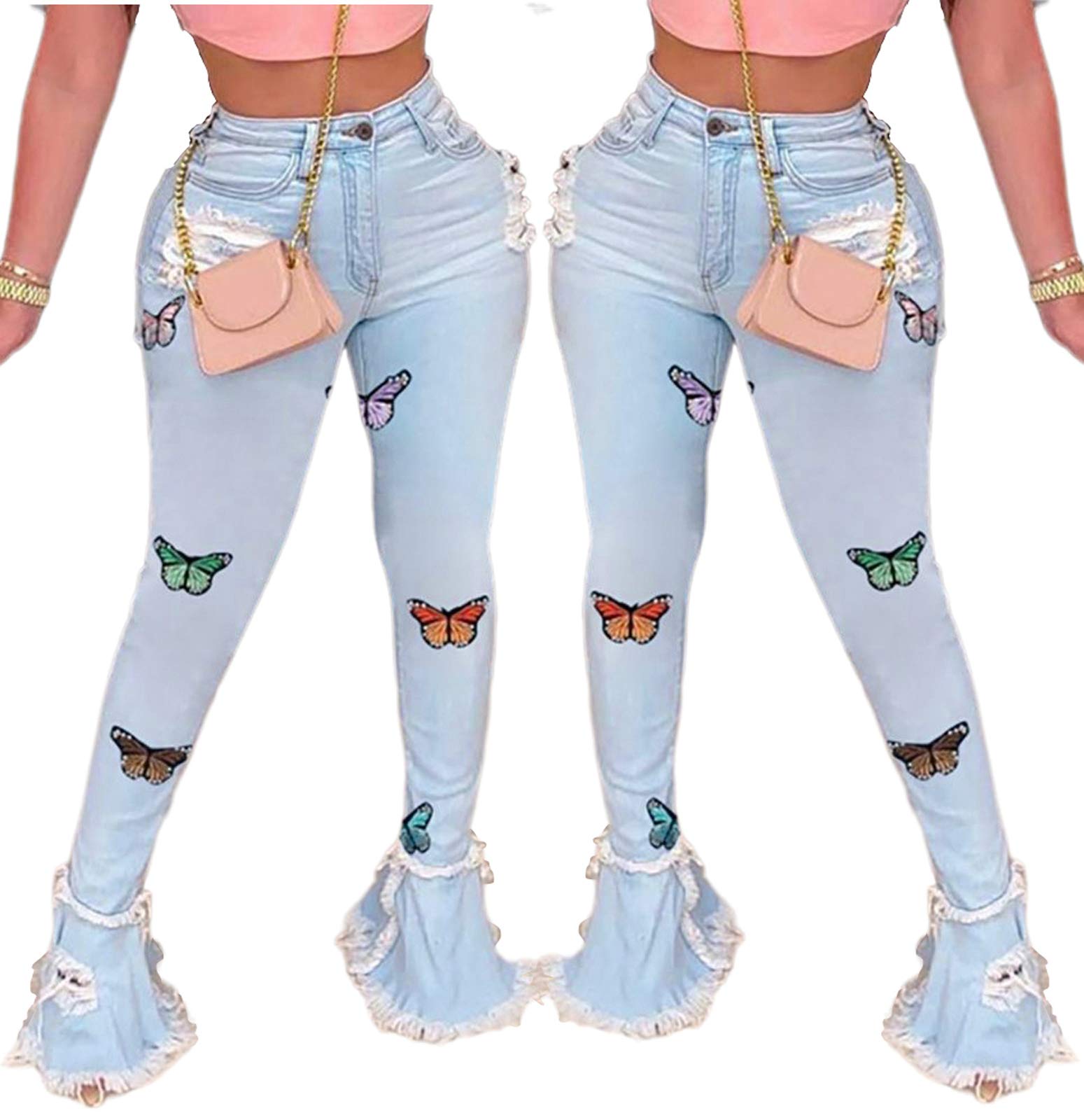 Women's Ripped Flare Jeans - Elastic Waist Raw Hem Denim Pants for Casual Outfits