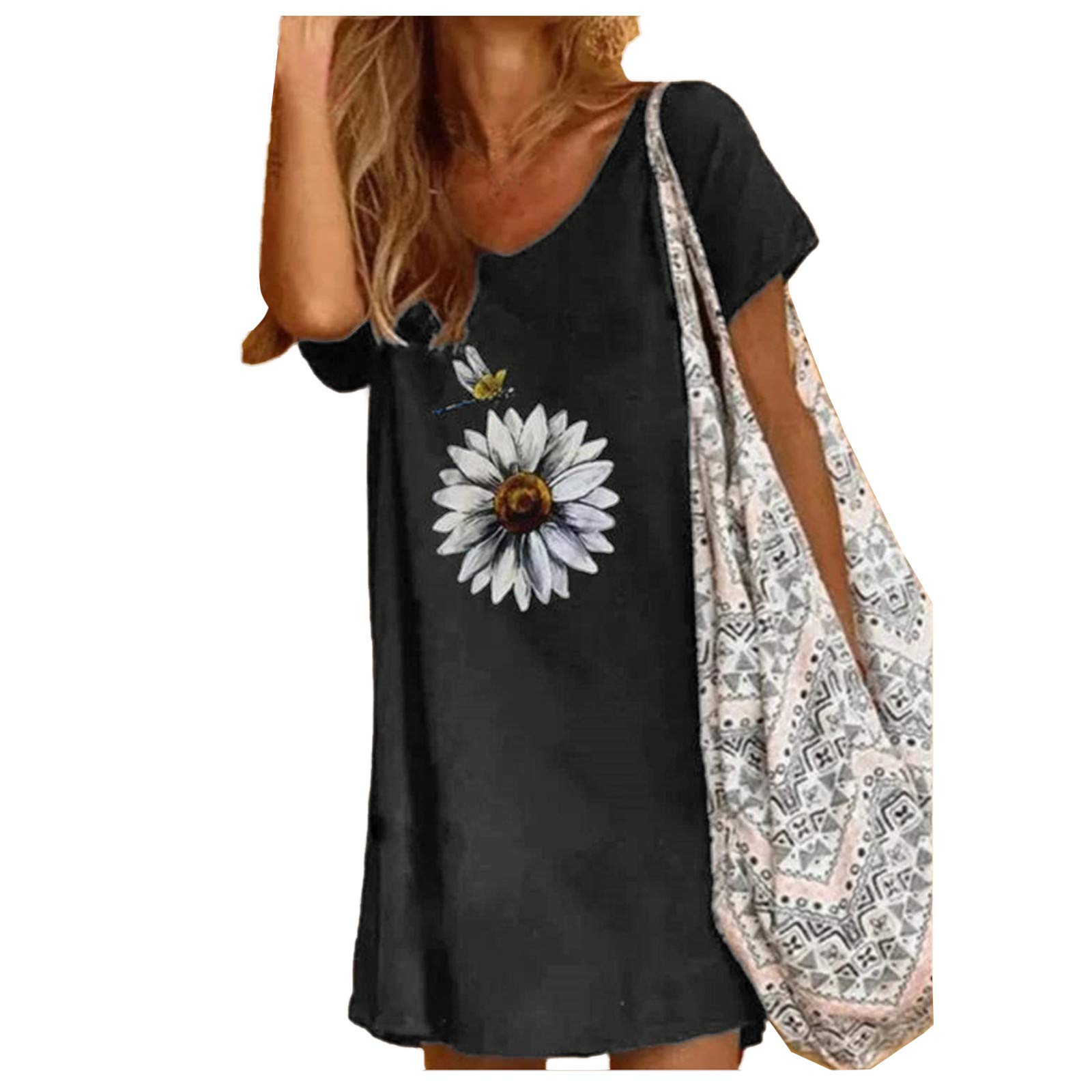 Women's Summer Casual Beach Dress - Floral Daisy Print Crew Neck Short Sleeve Loose Fit T-Shirt Mini Dress for Vacation, Pool Party & Outdoor Activities